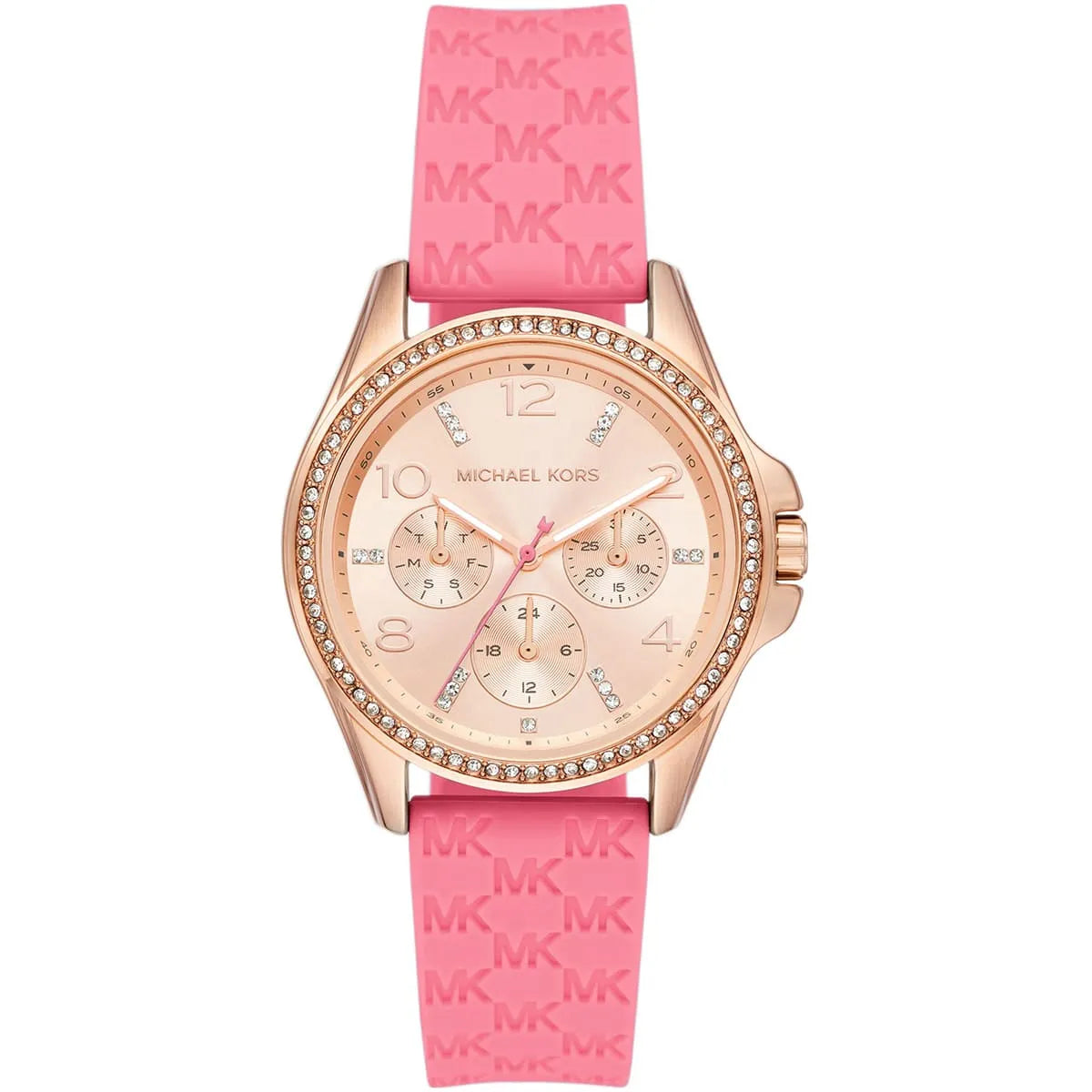 Michael Kors Mini Pilot Pavé Chronograph Rose Gold Dial Logo Silicone Women's Watch - MK7375