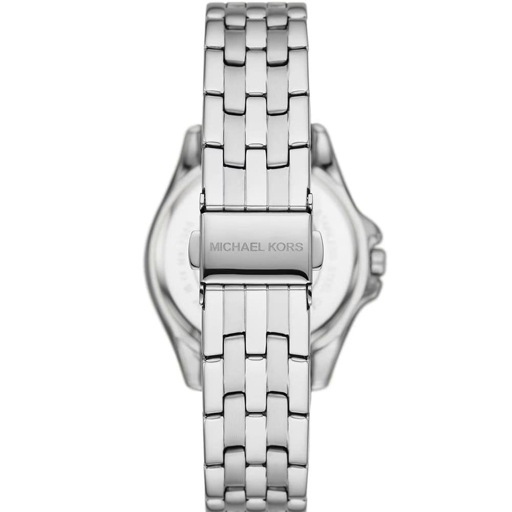 Back view of Michael Kors Pilot MK7379 watch showing caseback and silver-tone metal band