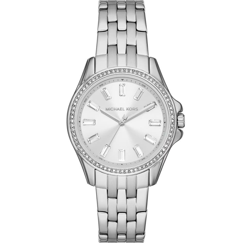 Michael Kors Pilot MK7379 women's watch with silver dial, crystal bezel, and silver-tone metal bracelet