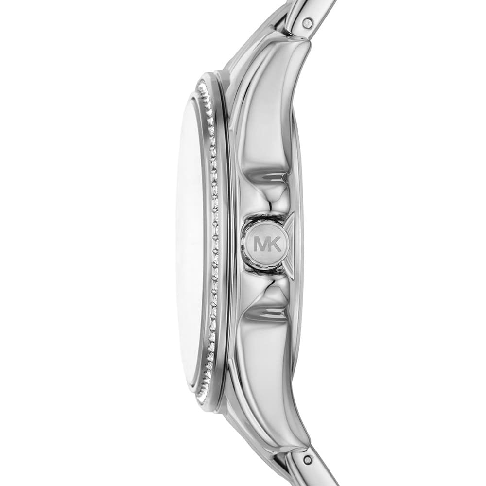 Side profile of Michael Kors Pilot MK7379 watch showing case depth and crystal bezel detail