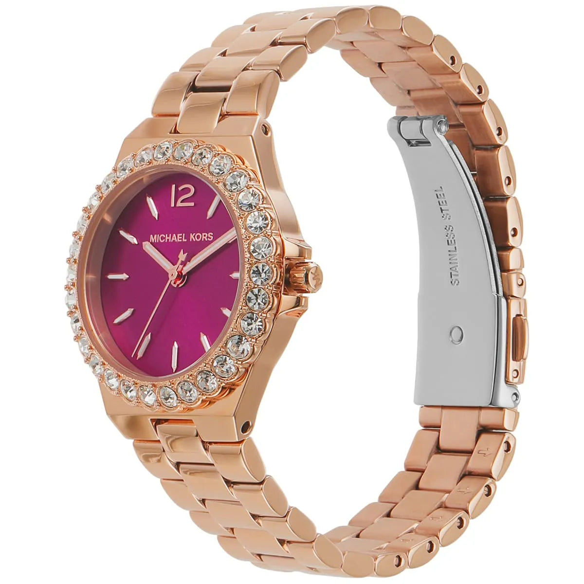 Michael Kors MK7396 side view showing crystal-set bezel and rose-gold metal bracelet