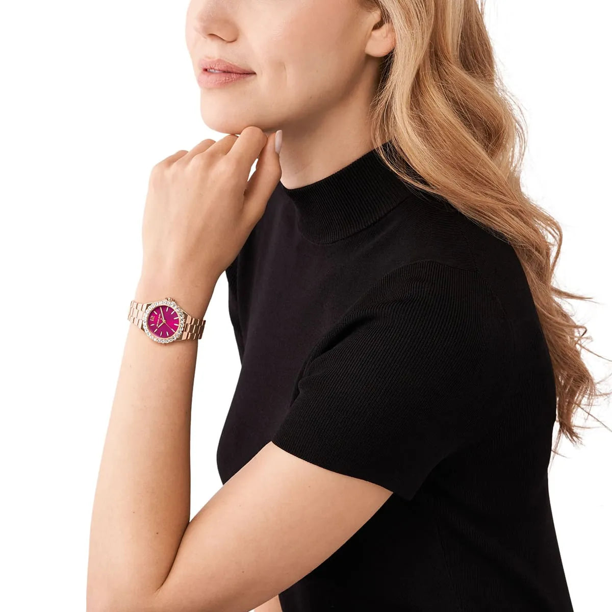 Michael Kors Mini Lennox pink dial rose-gold watch worn on wrist