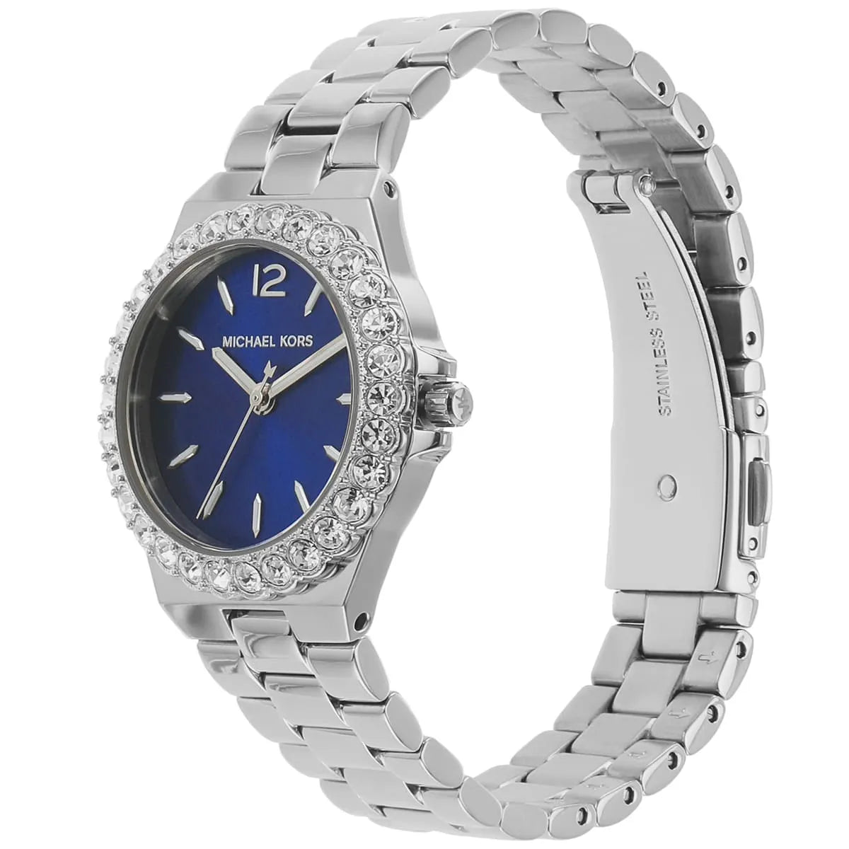 Michael Kors Mini Lennox watch angled view showing crystal bezel and blue dial