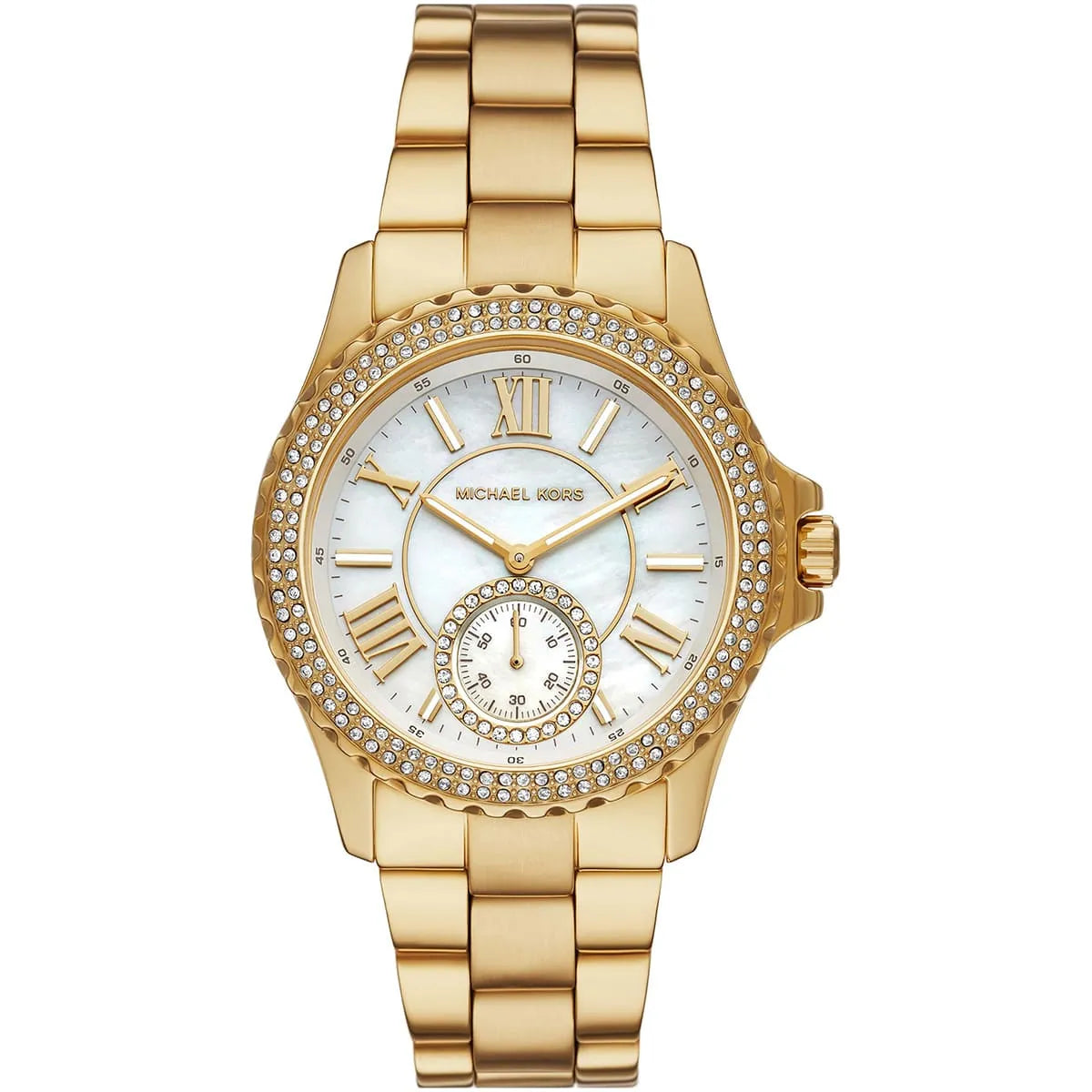 Michael Kors Everest women's watch with white mother-of-pearl dial, Roman numerals, crystal bezel, and gold-tone bracelet