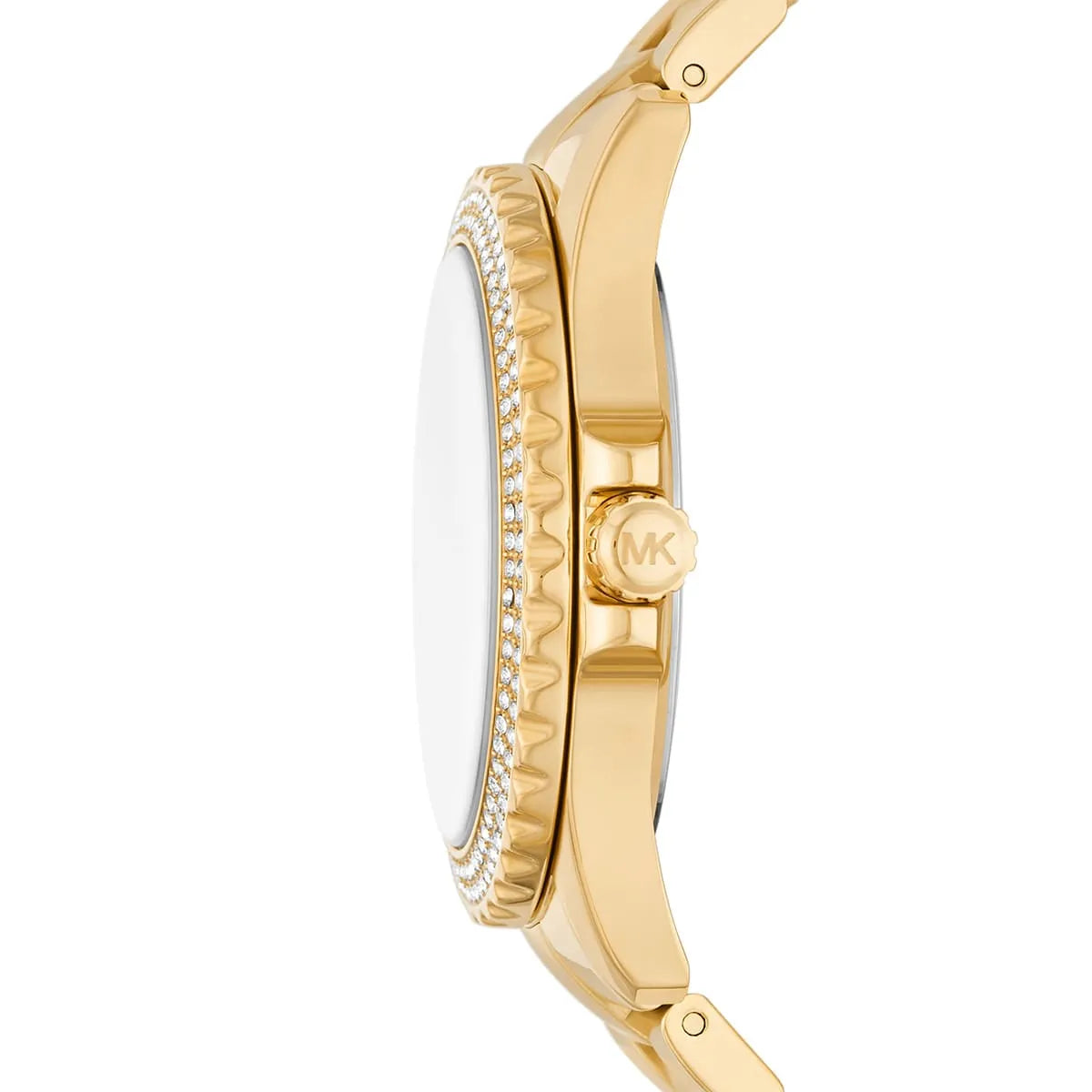 Side view of Michael Kors Everest watch showing crystal-set bezel and gold-tone stainless steel band