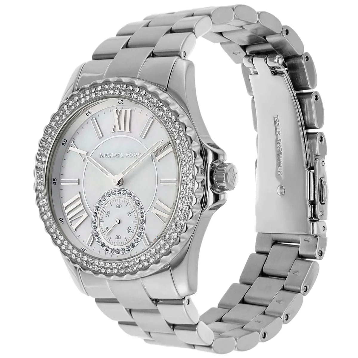 Michael Kors Everest MK7403 angled view showing silver stainless steel bracelet and crystal-set bezel