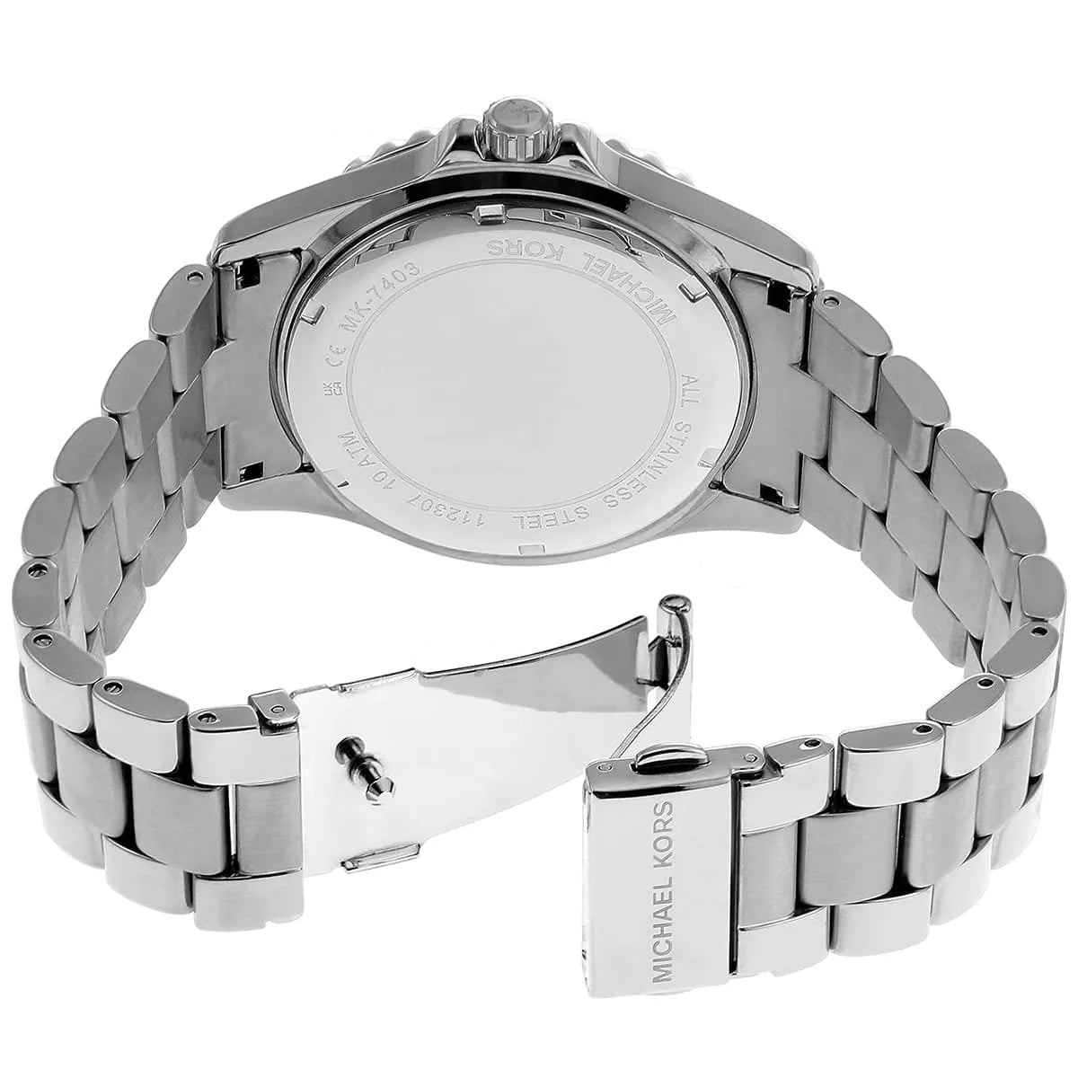 Michael Kors Everest MK7403 caseback showing stainless steel bracelet and deployment clasp
