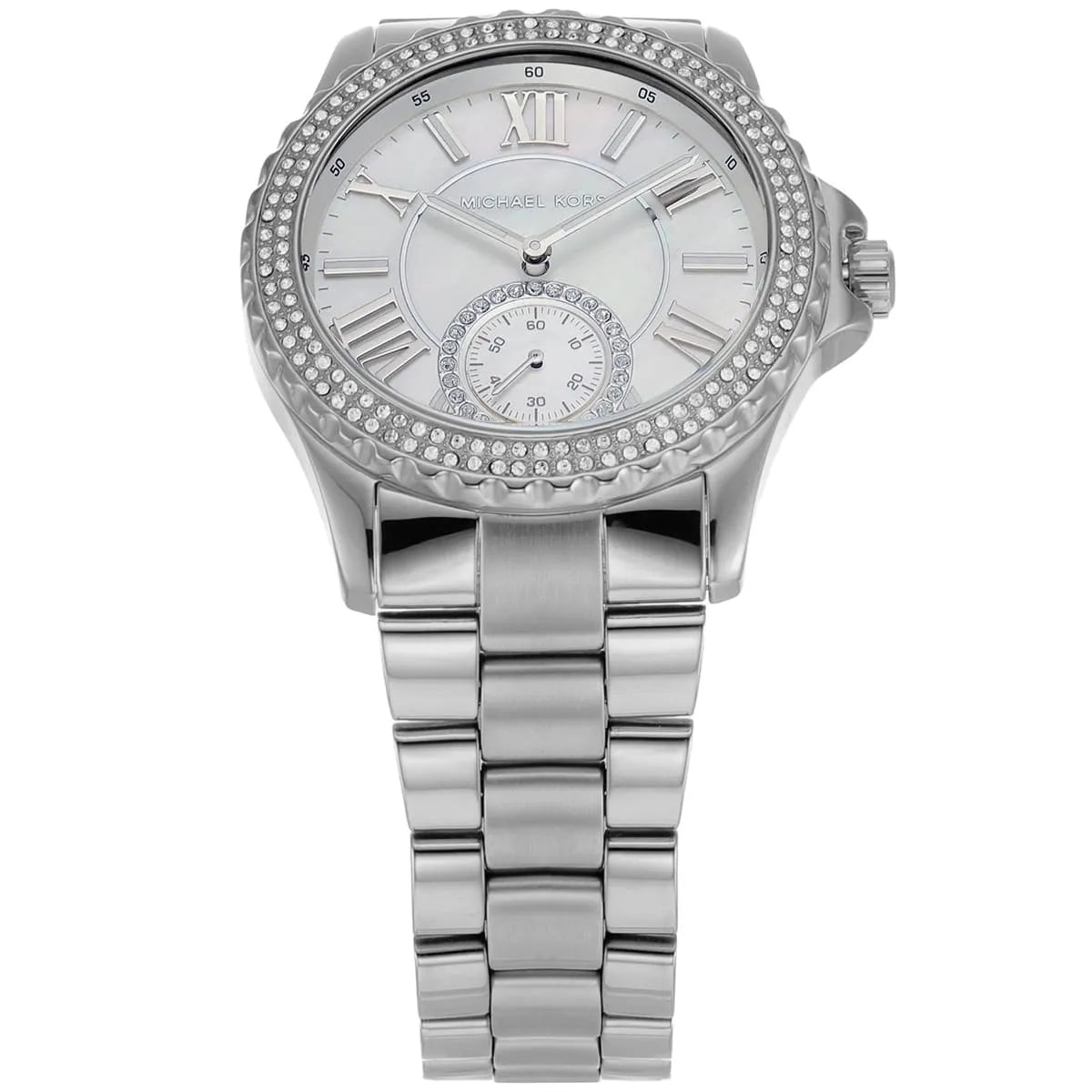 Michael Kors Everest MK7403 front view with white dial, Roman numerals, and crystal bezel