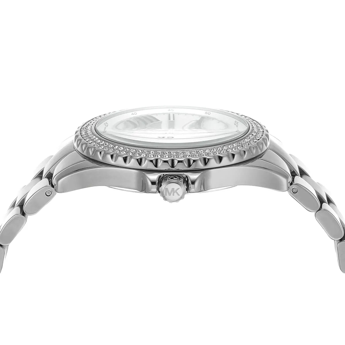 Side profile of Michael Kors Everest MK7403 showing case depth and crystal bezel detail