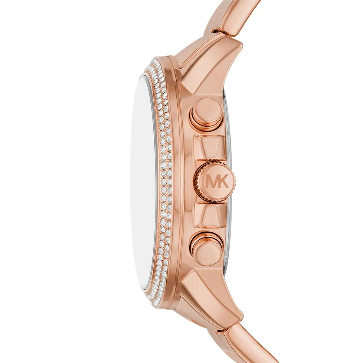 Michael Kors Lexington rose gold watch shown from side view with crystal-set bezel and chronograph pushers