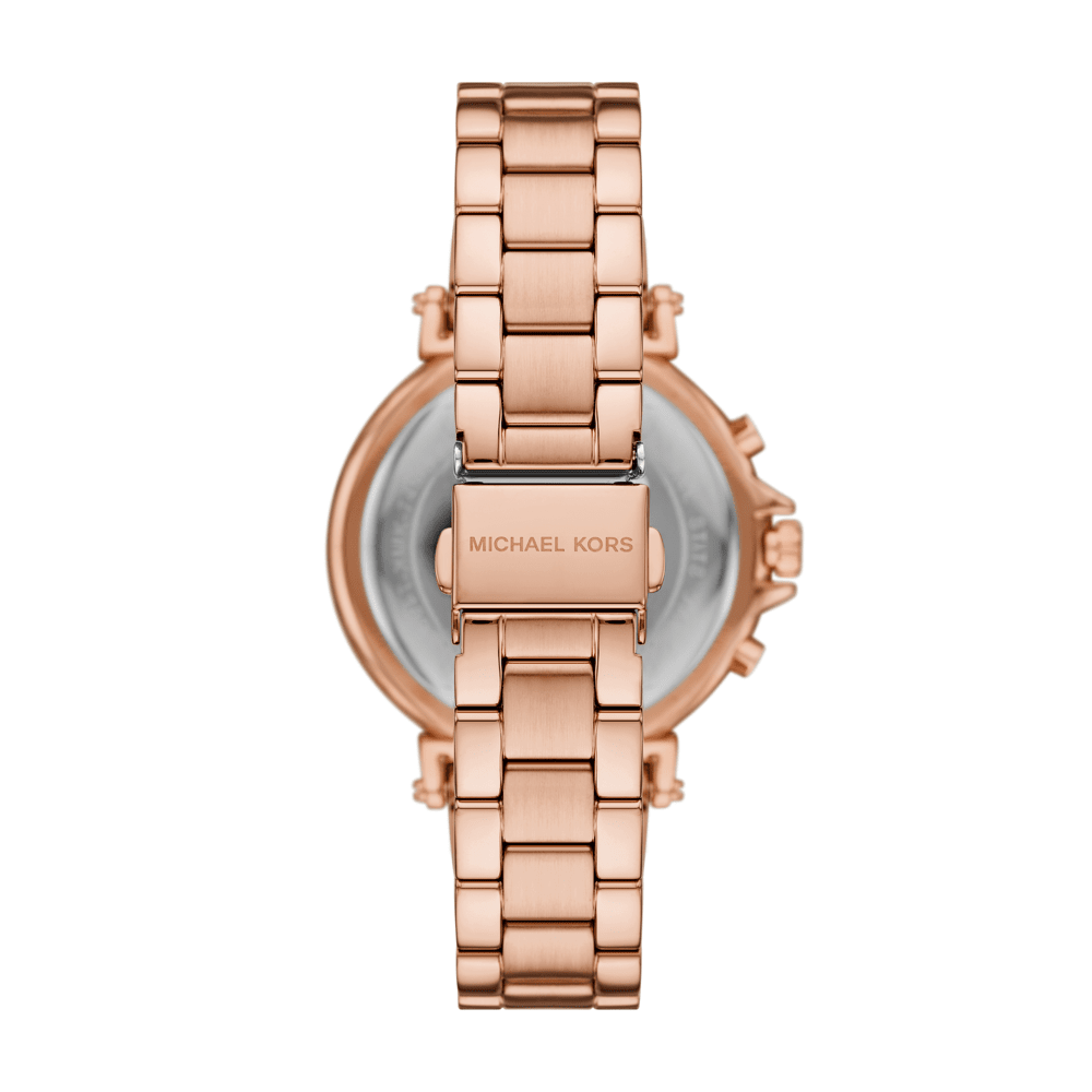 Back view of Michael Kors Maren watch showing caseback with Michael Kors branding and rose gold-tone bracelet
