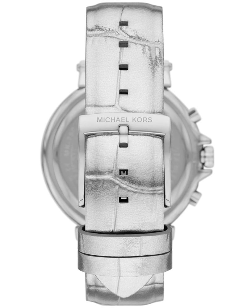 Bottom view of Michael Kors Maren watch showing silver genuine leather strap with MK branding and buckle