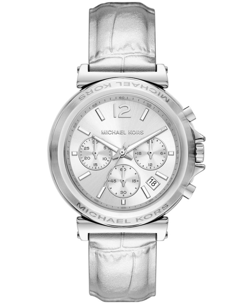 Michael Kors Maren chronograph watch with silver dial, three subdials, and silver leather strap