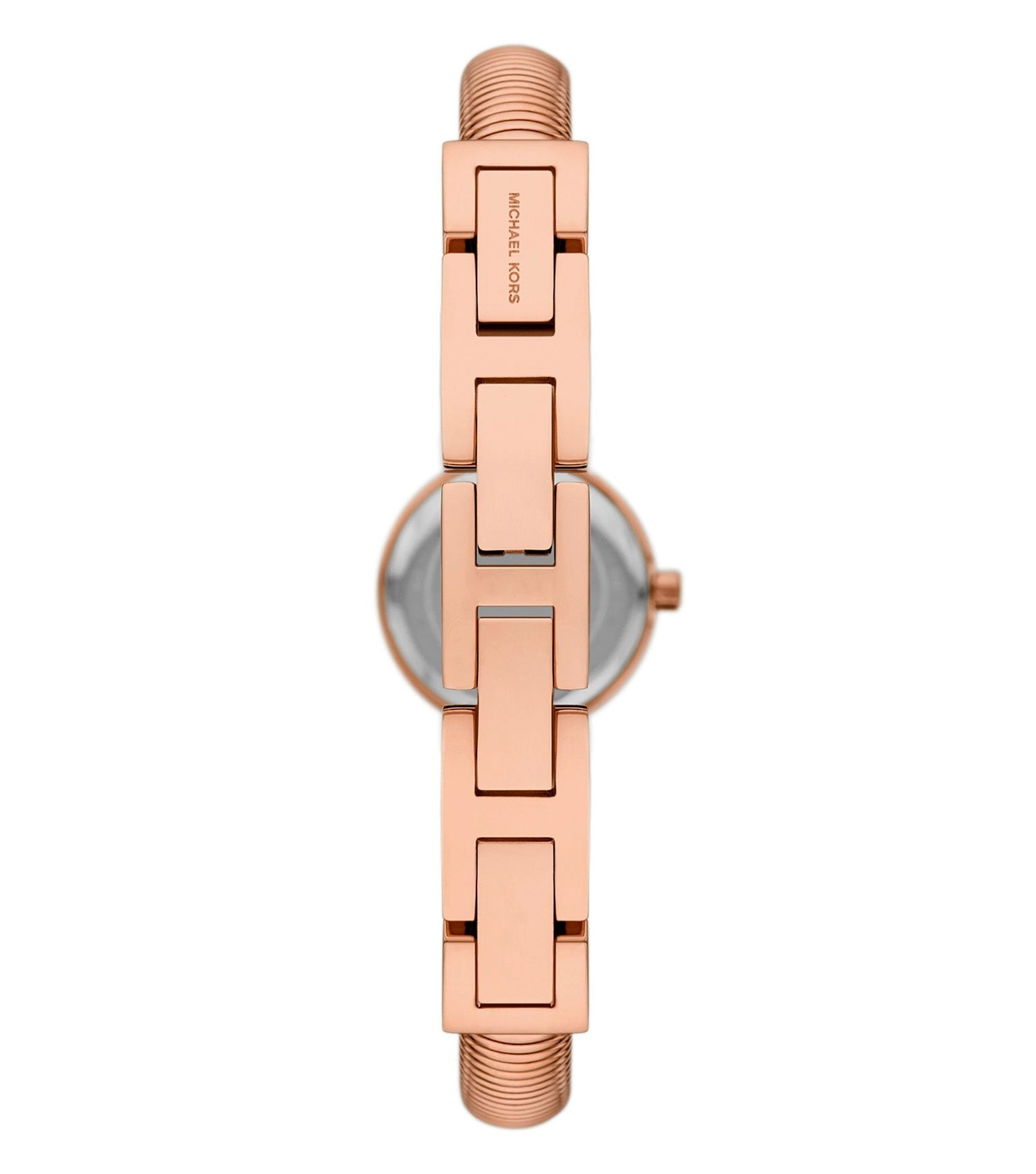 Overhead angle view of Michael Kors Mini Gramercy rose gold watch with textured band