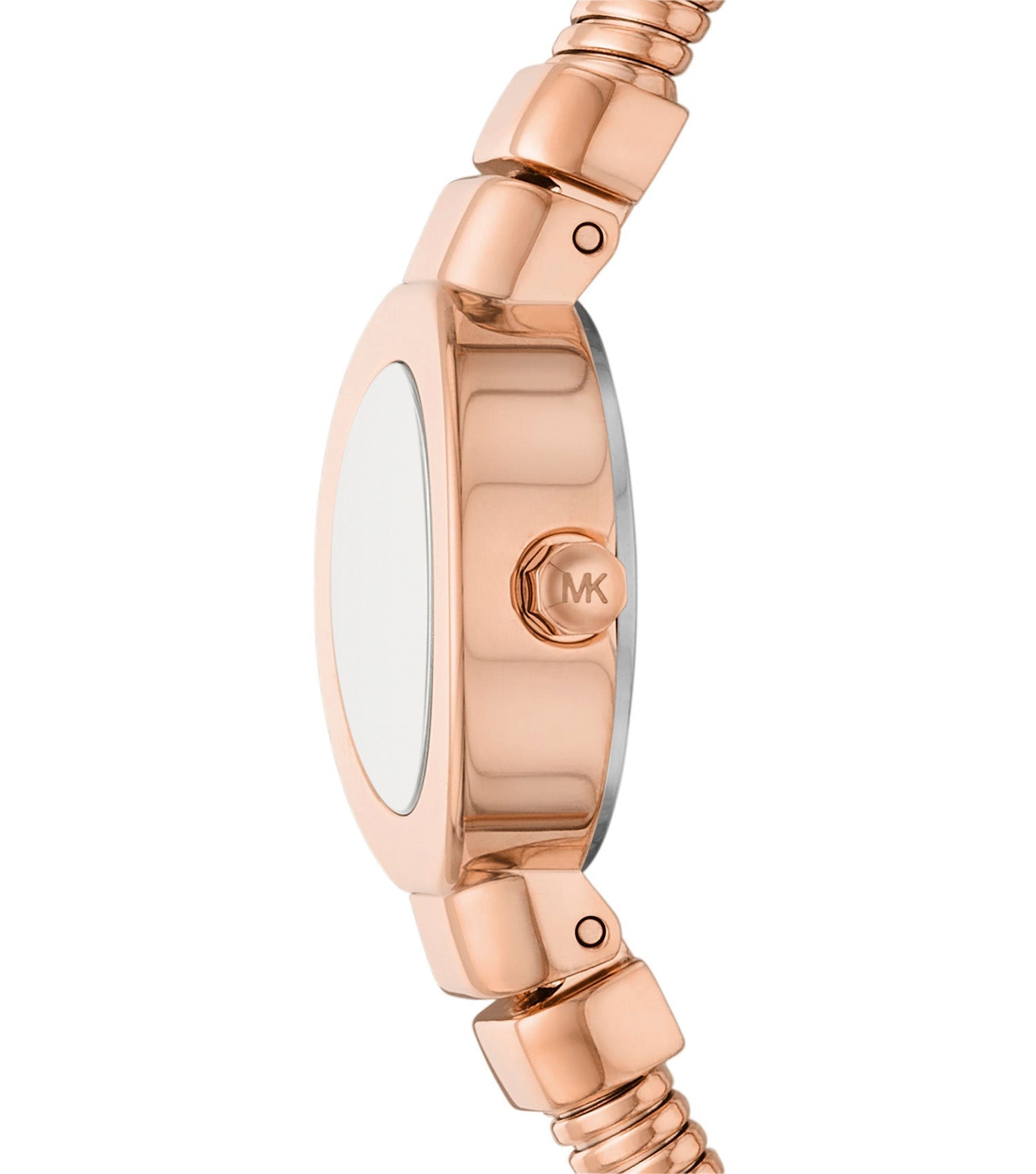 Michael Kors MK7528 watch side view showing case profile and MK logo on bracelet