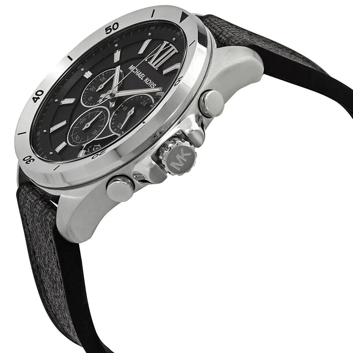 Side profile of Brecken oversized chronograph watch showing silver-tone case, pushers, and black strap