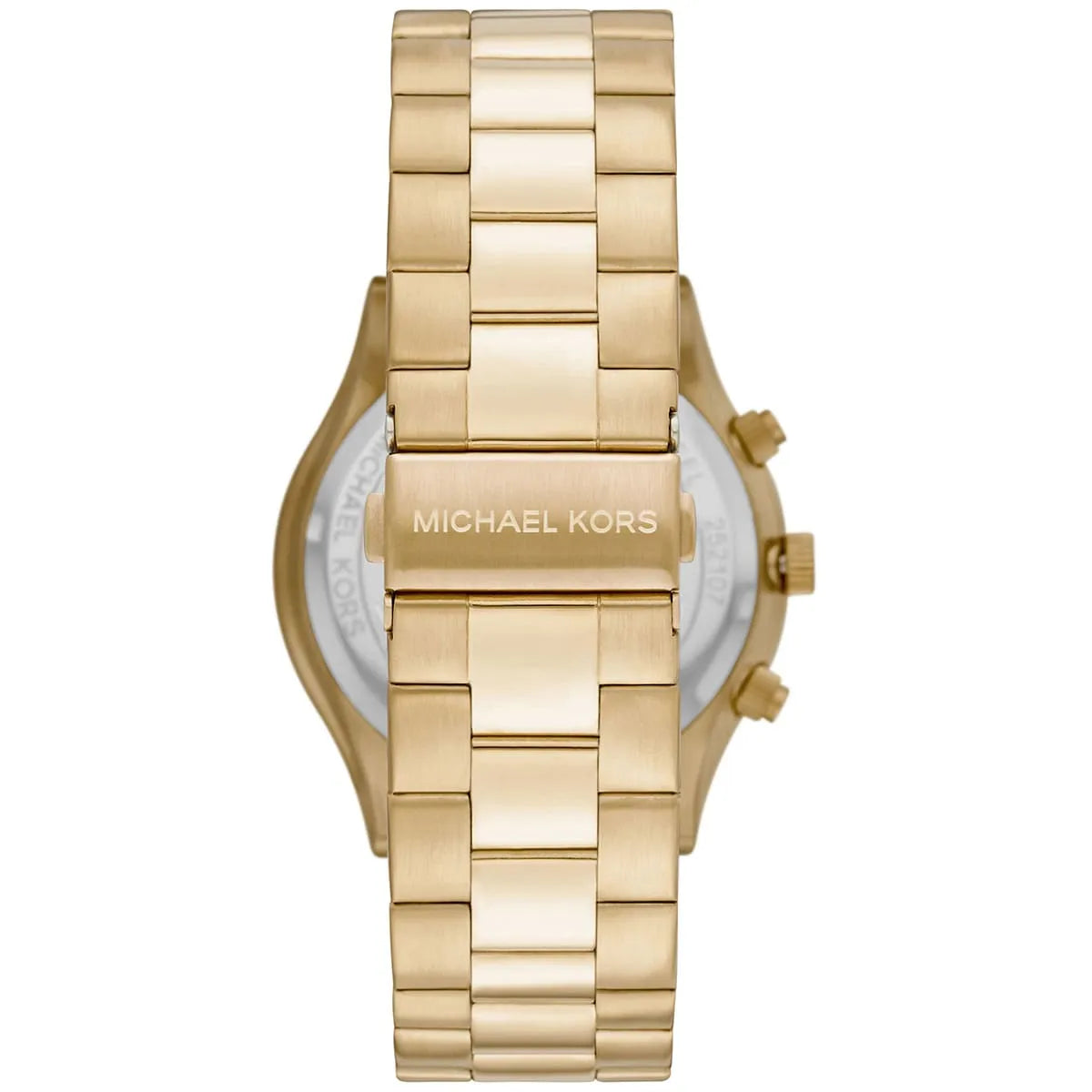Caseback view of Michael Kors MK8909 gold metal bracelet watch