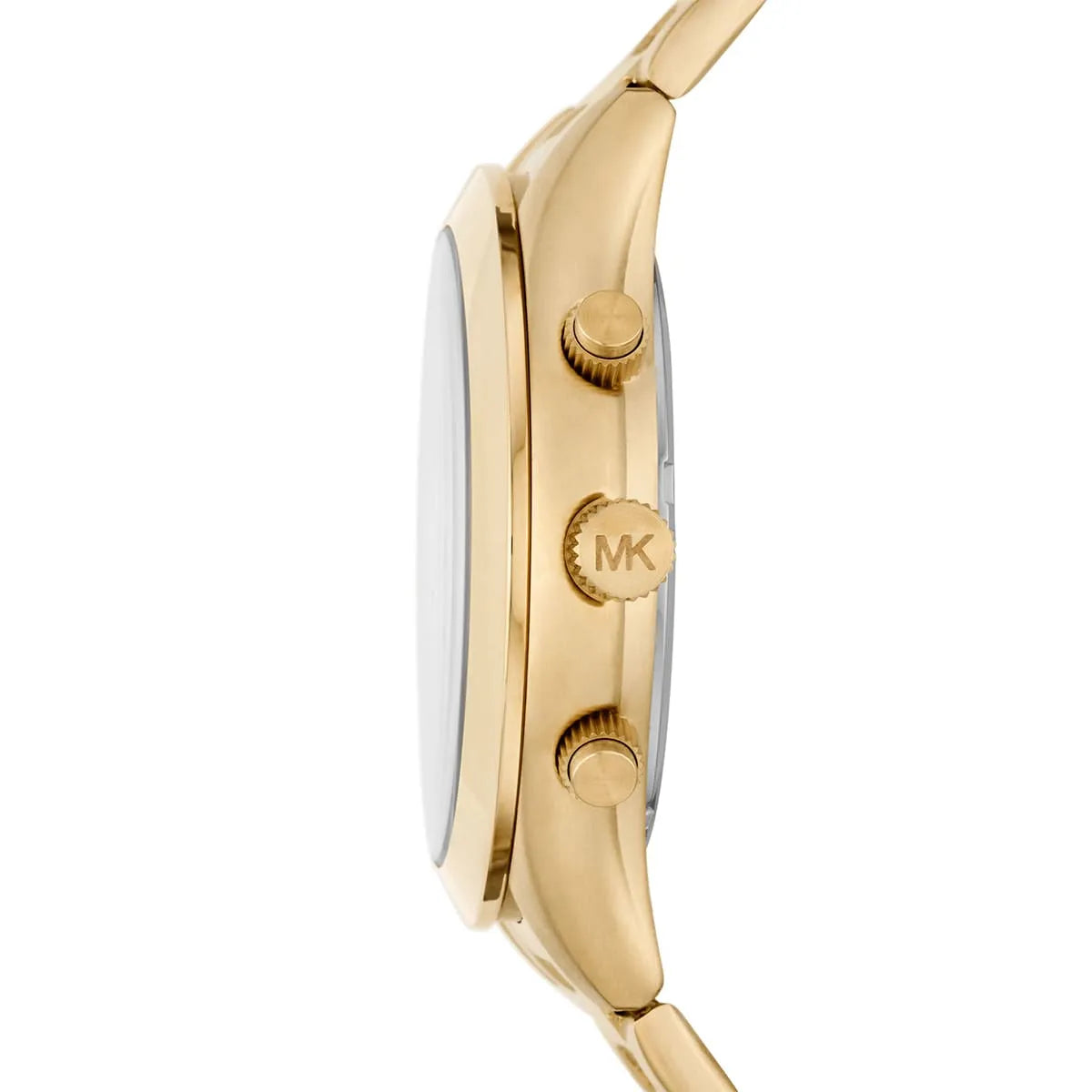 MK8909 Michael Kors watch side view showing chronograph pushers and gold case