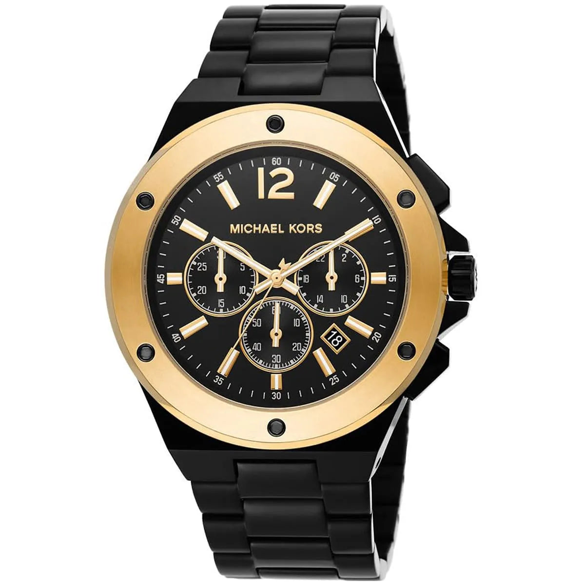 Michael Kors Lennox watch at angle showing black dial with chronograph subdials and gold-tone bezel detail