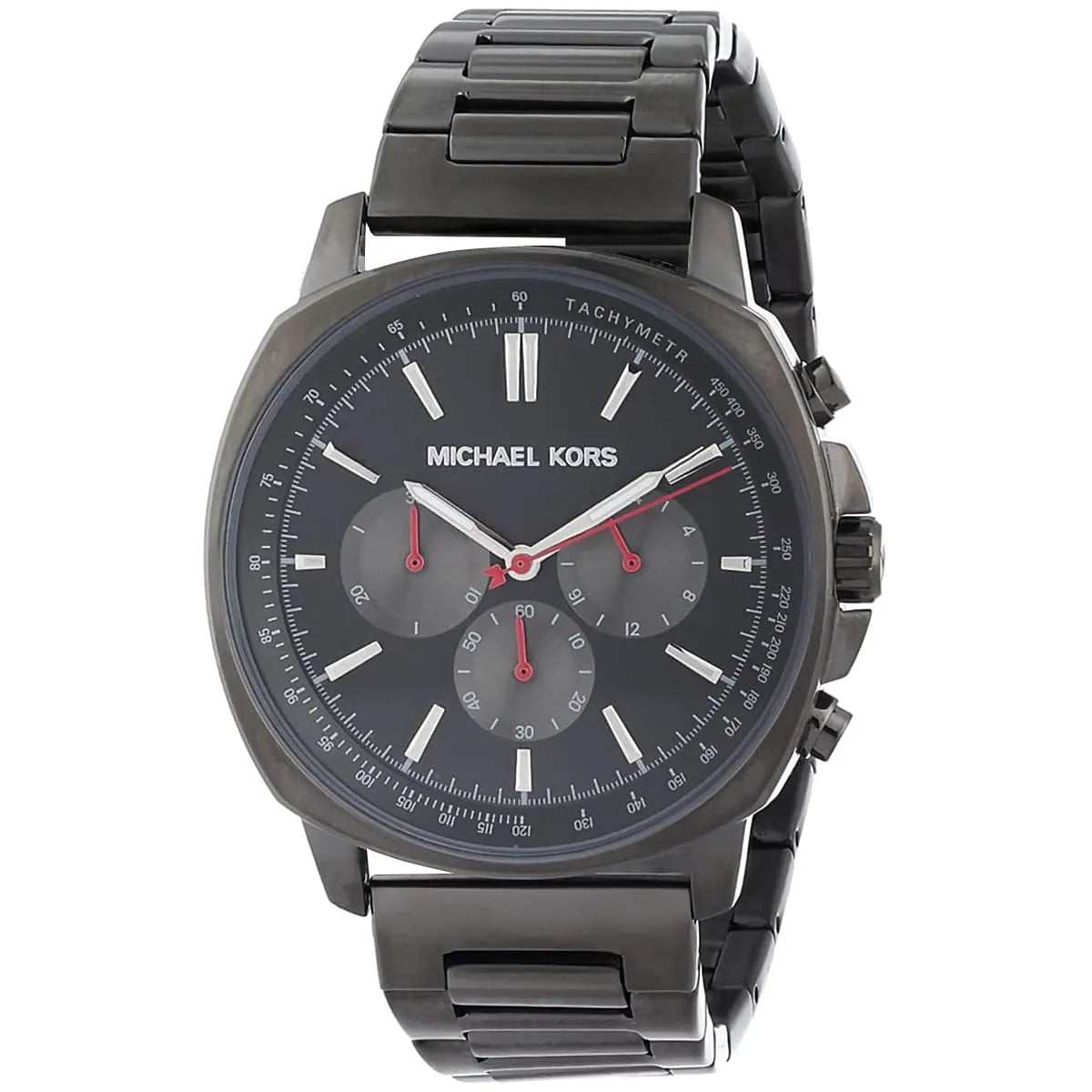Michael Kors Sullivan watch angled view showing black dial, chronograph subdials and gunmetal bracelet