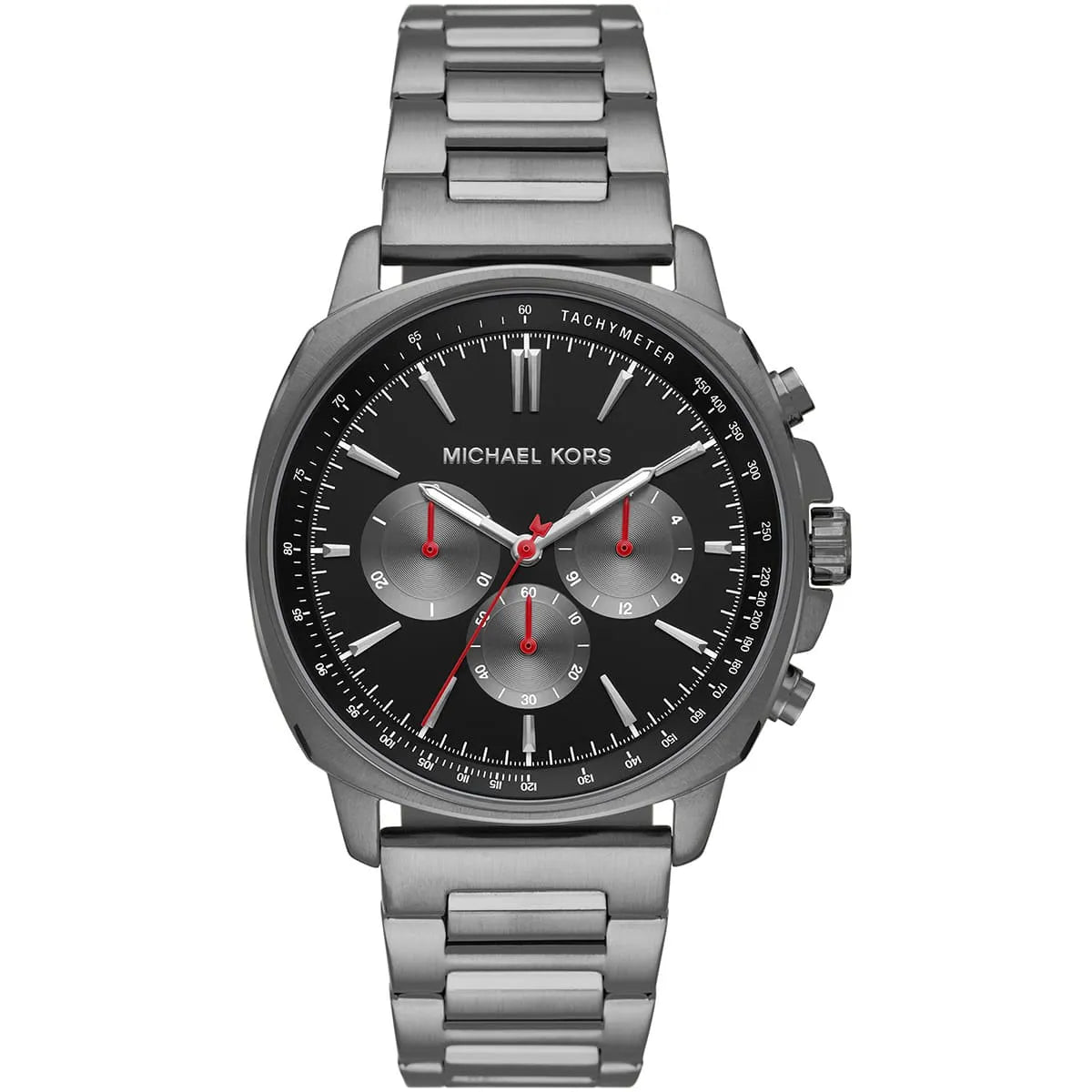 Michael Kors Sullivan chronograph watch with black dial, gunmetal stainless steel case and bracelet