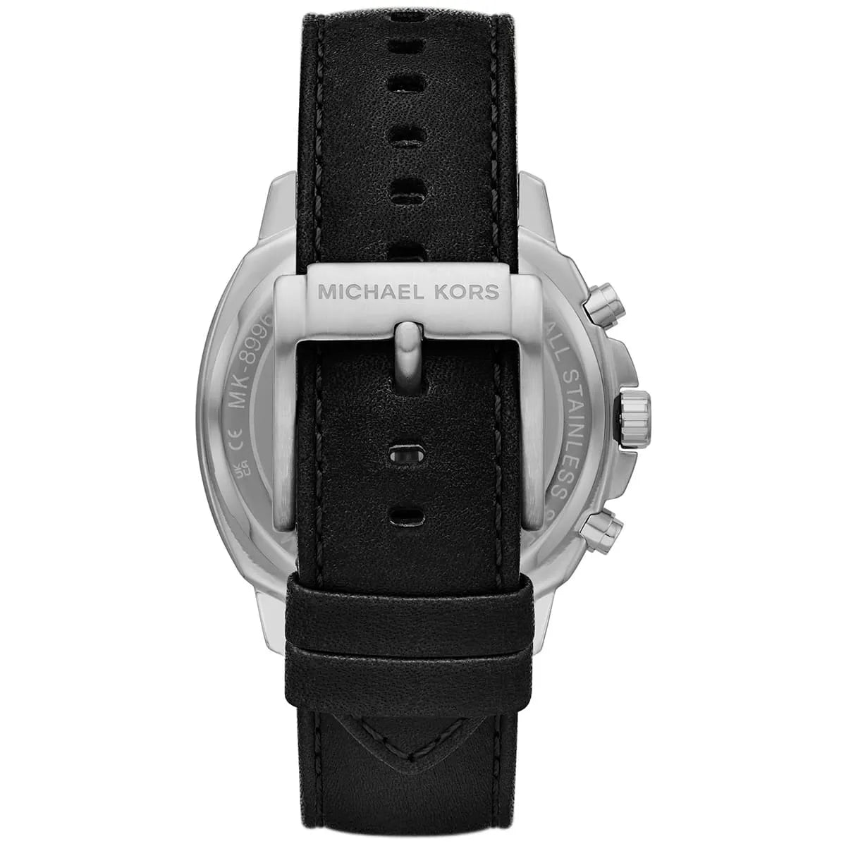 Michael Kors Sullivan watch caseback view showing silver case and black leather strap