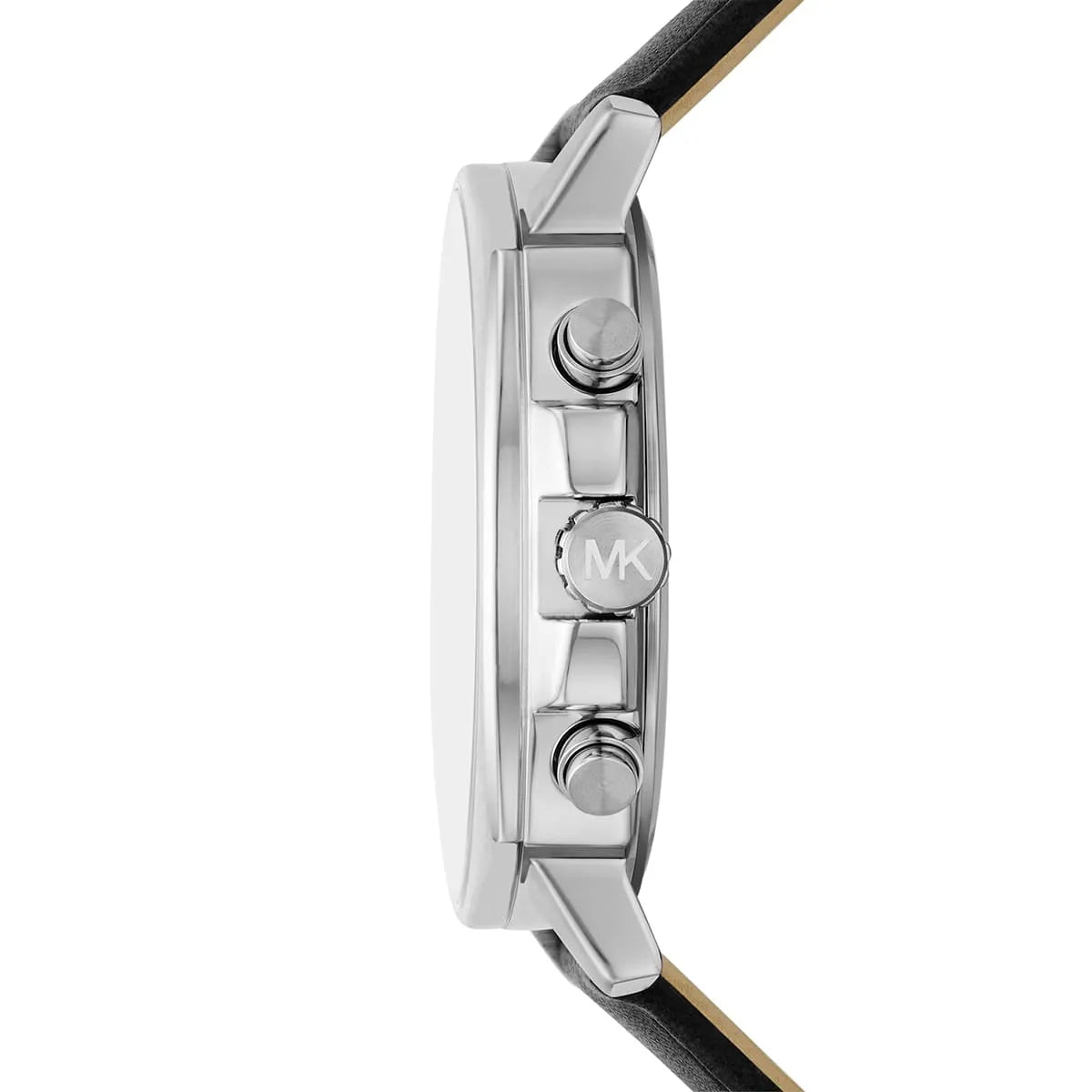 Michael Kors Sullivan watch side view showing silver case profile and black leather strap