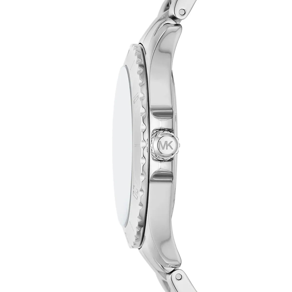 Michael Kors Everest MK9079 side profile view of silver stainless steel case and bracelet