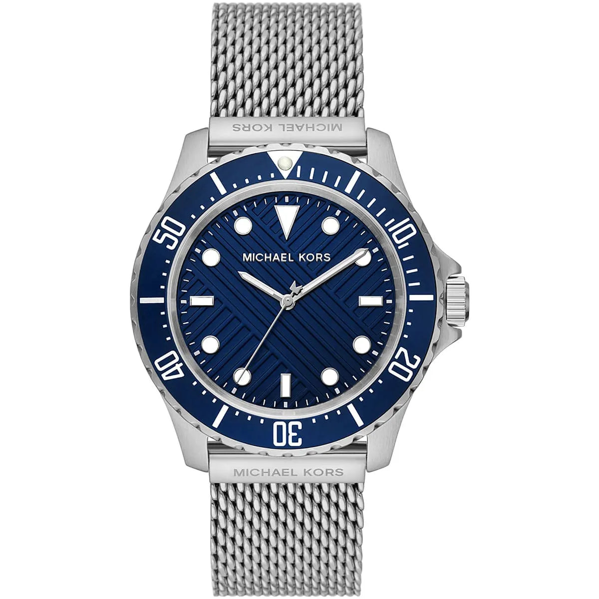 Michael Kors Everest men's watch with blue dial, silver-tone mesh strap, and rotating bezel