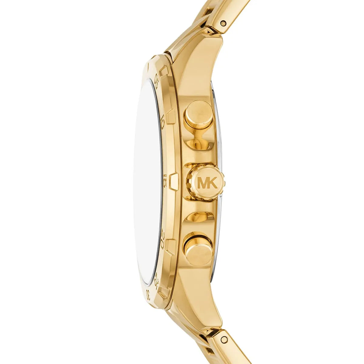 Side view of gold-tone Michael Kors Greyson watch showing case profile and chronograph pushers
