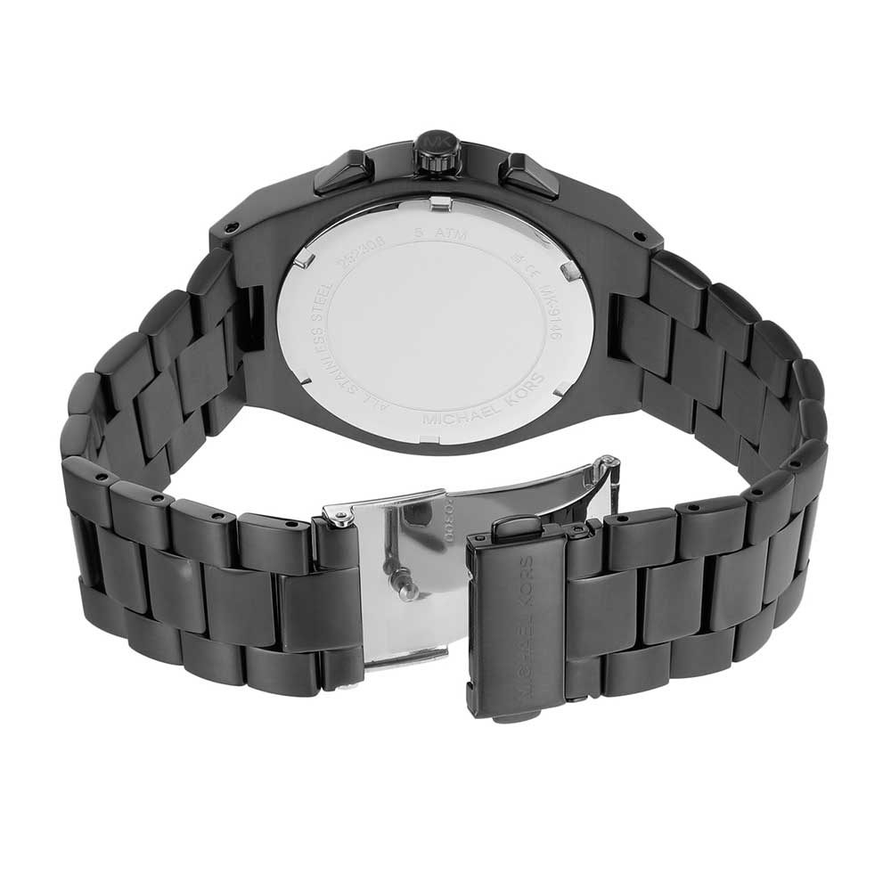 Back view of Michael Kors Lennox watch showing black-tone stainless steel bracelet and clasp
