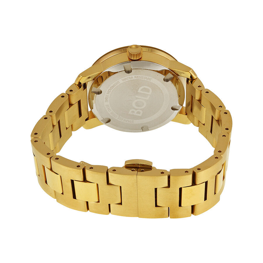 Movado Bold Gold watch caseback with yellow gold bracelet visible