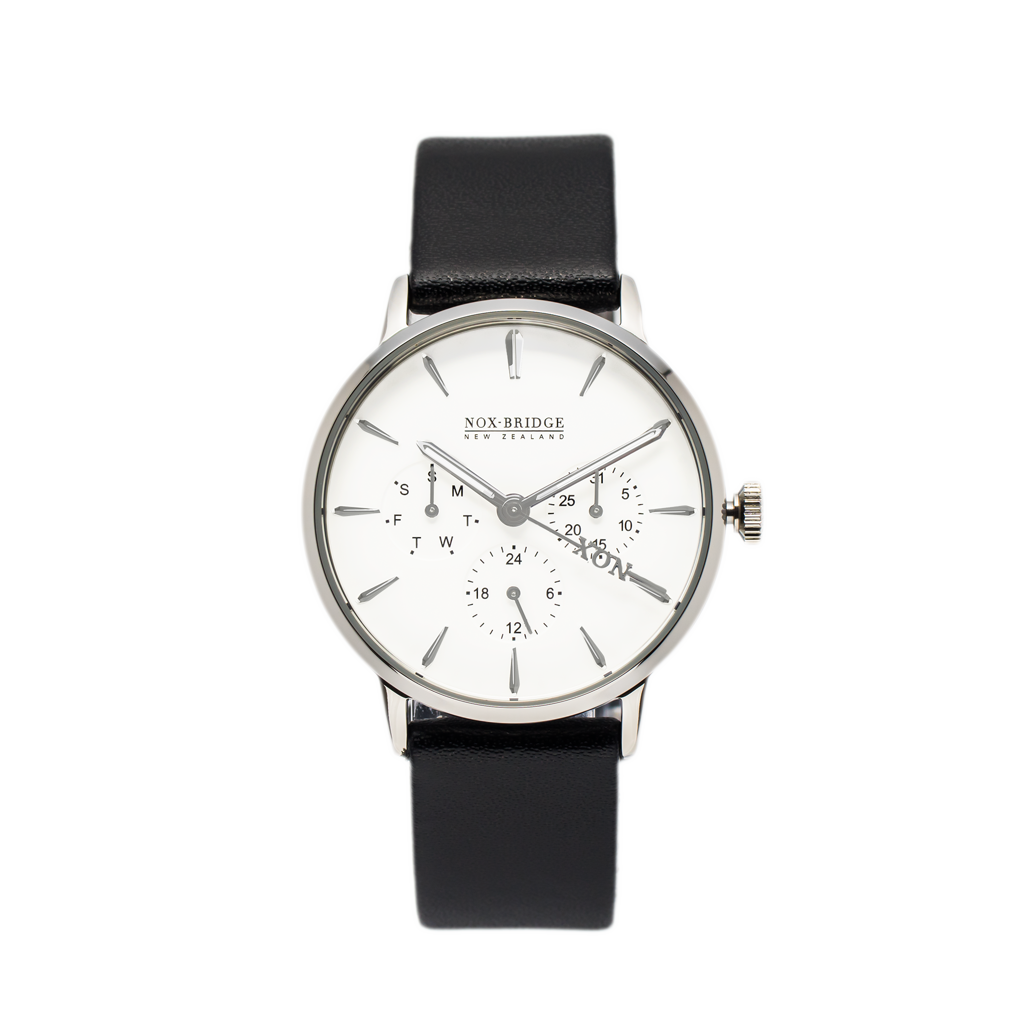 Noxbridge Classic Capella Silver 36MM watch with white dial and black leather strap