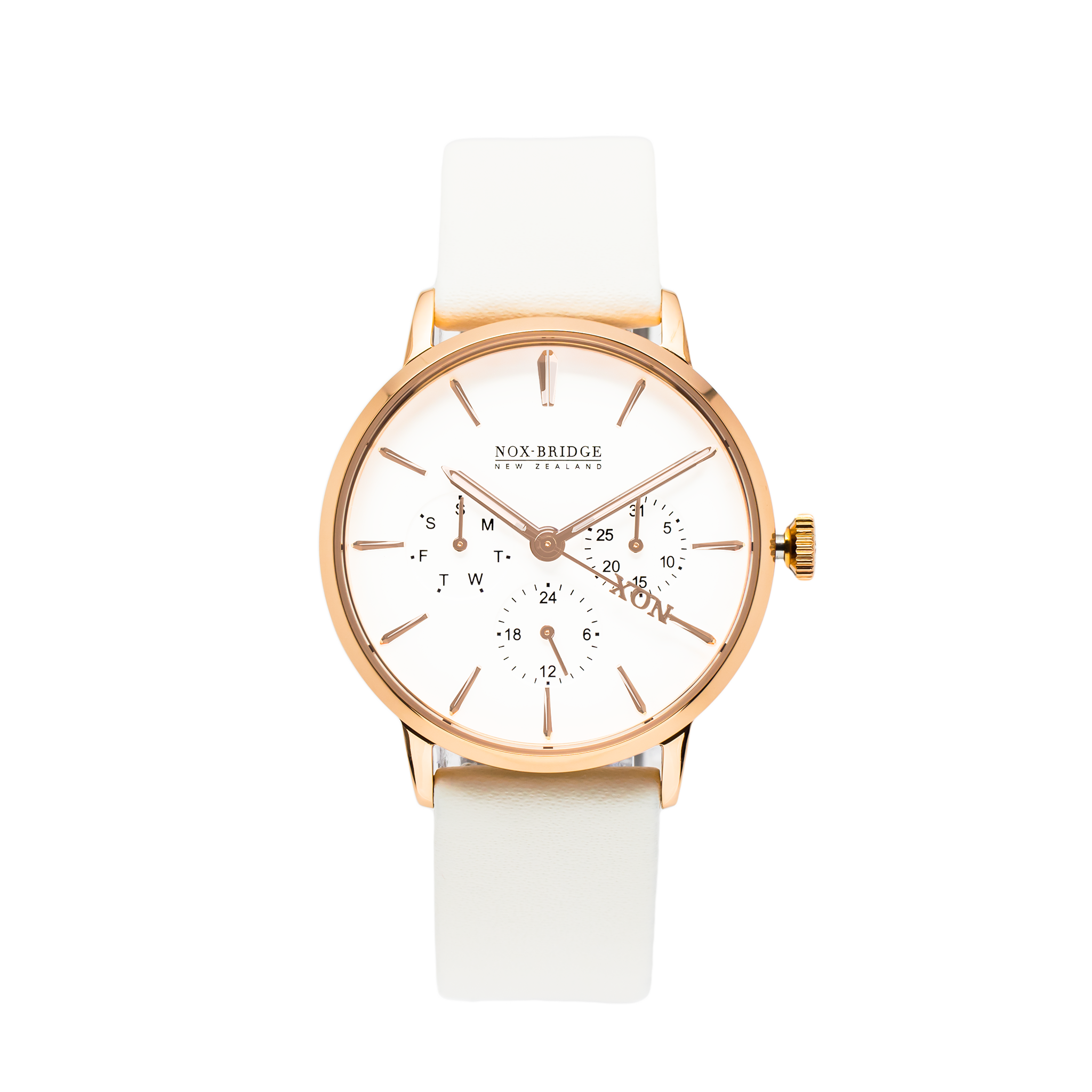 Noxbridge Classic Meissa 36MM rose gold watch with cream dial and chronograph subdials