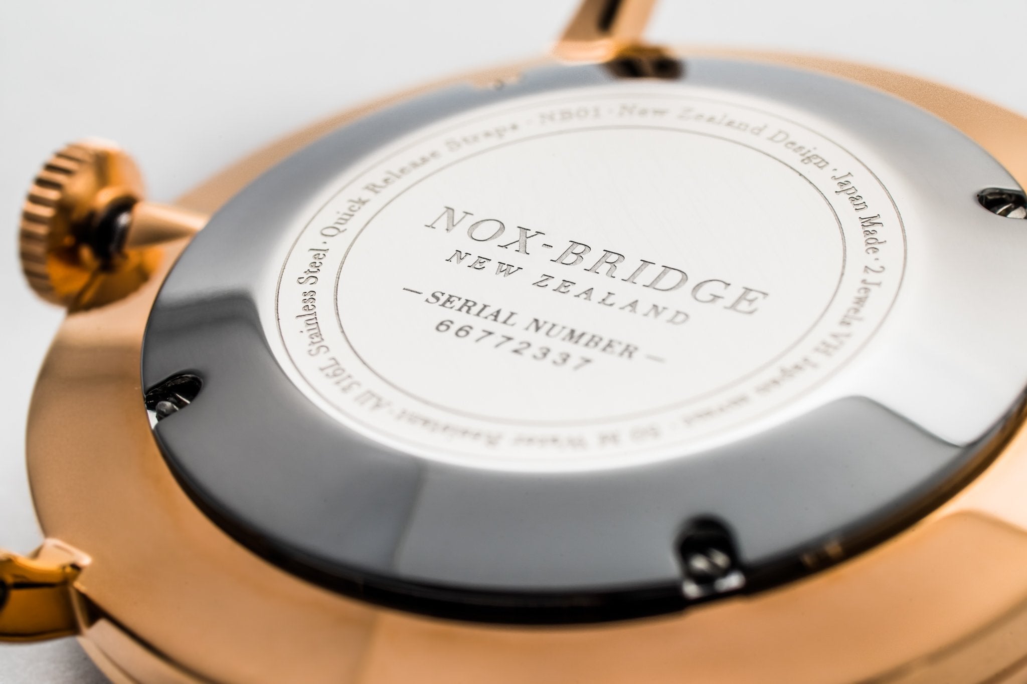 Noxbridge Classic Meissa caseback with serial number and New Zealand engraving