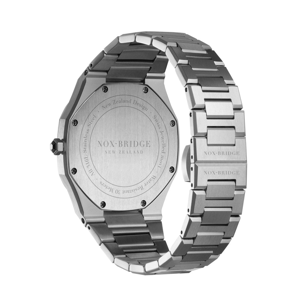 Noxbridge Revo Ocean ECC4S caseback with engraved text and stainless steel bracelet