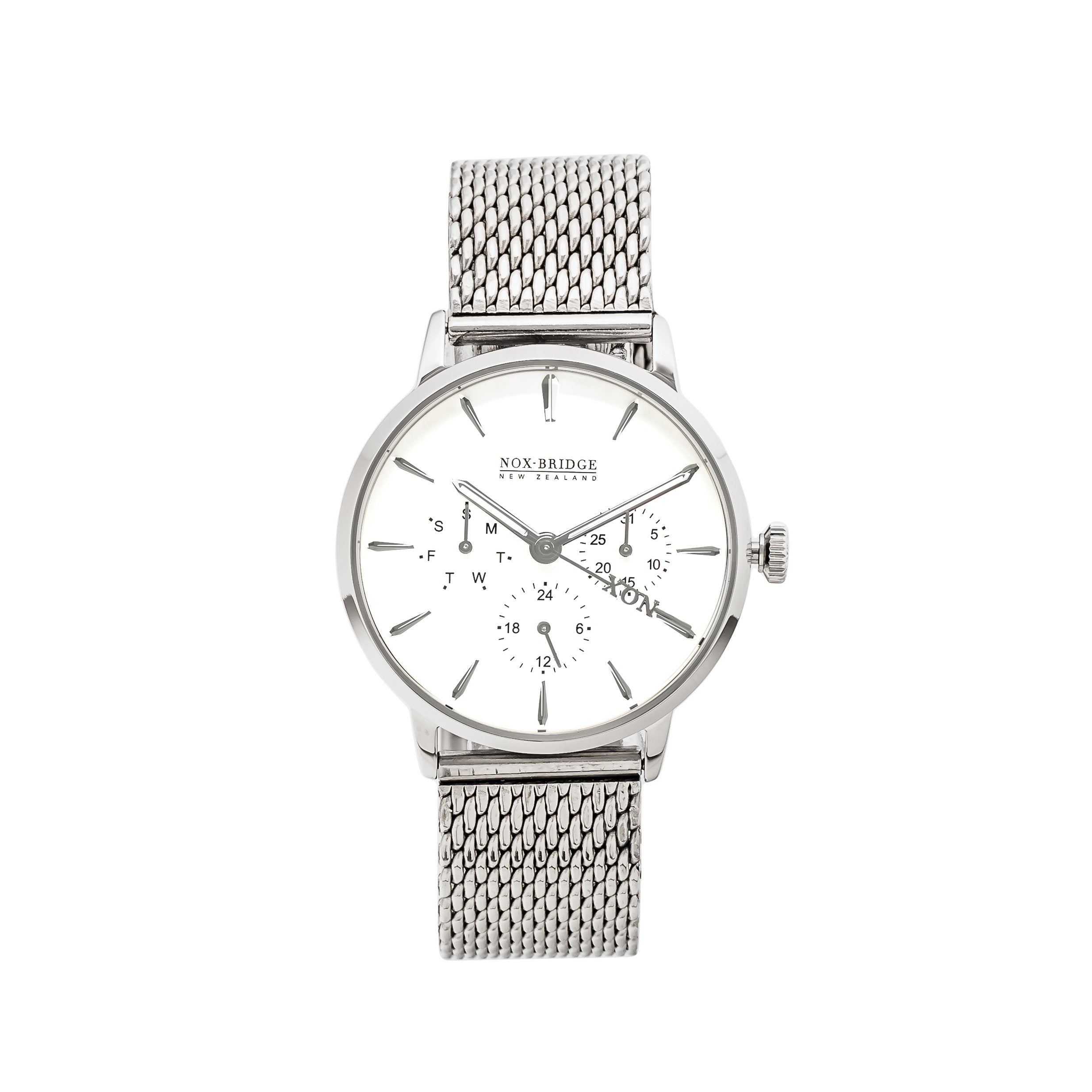 Noxbridge Supreme Pegasus silver watch with white dial and mesh bracelet