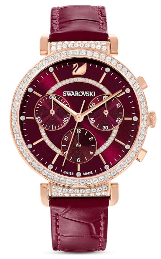 Swarovski Passage Chrono Crystal Cupchain Bezel Red Dial Rose Gold Tone Women's Watch 5580345