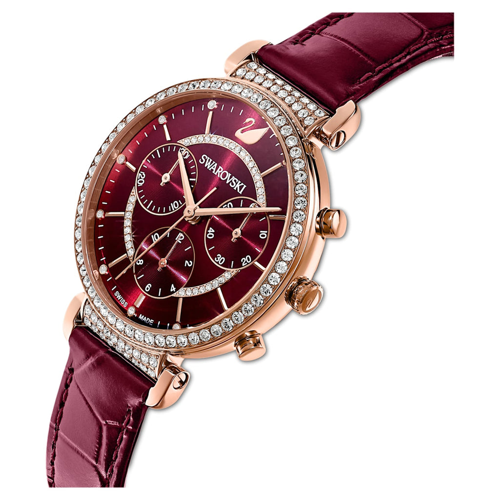 Swarovski Passage Chrono Crystal Cupchain Bezel Red Dial Rose Gold Tone Women's Watch 5580345