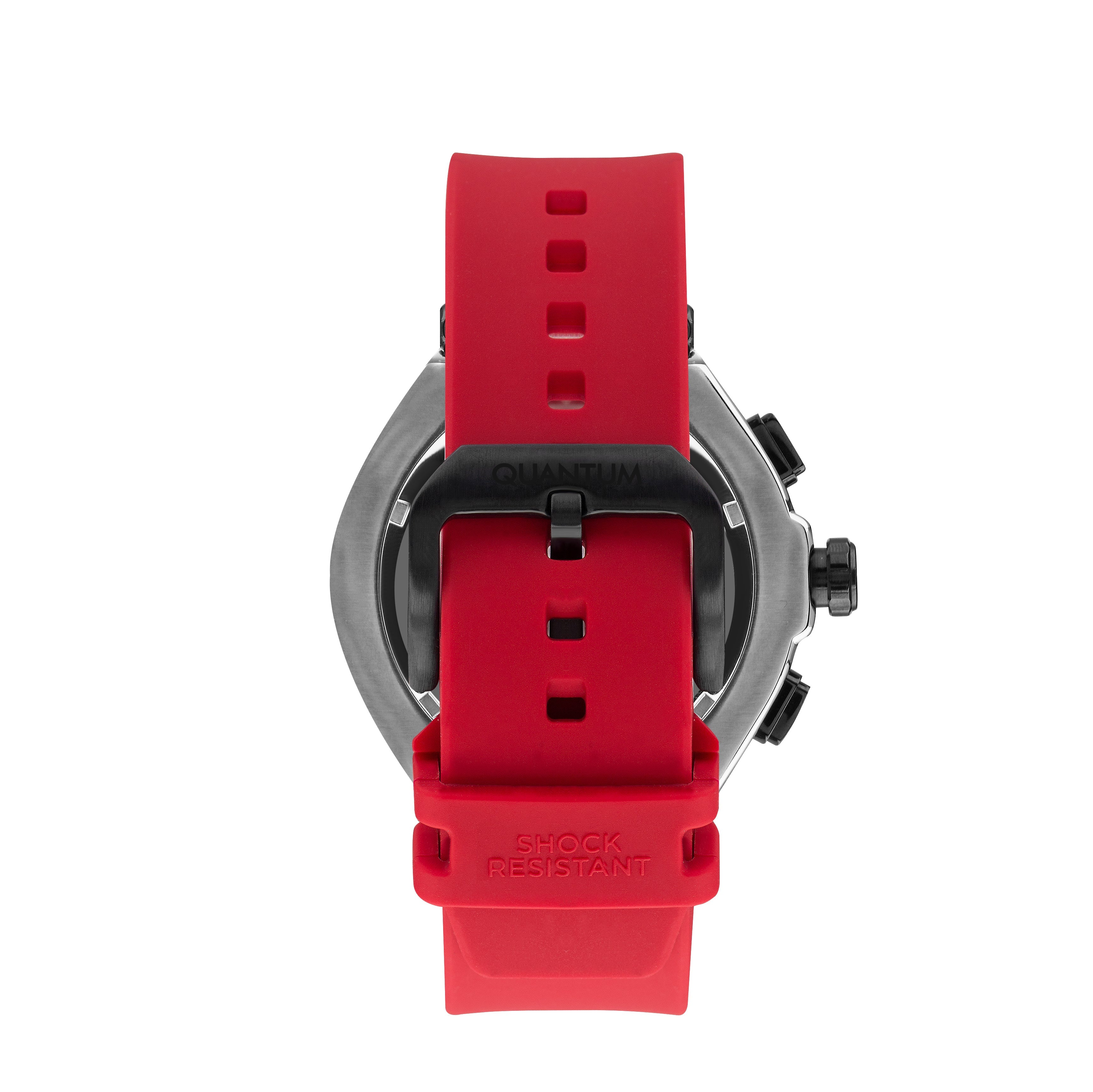 Back view of Quantum Chronograph watch showing red strap with holes and case back