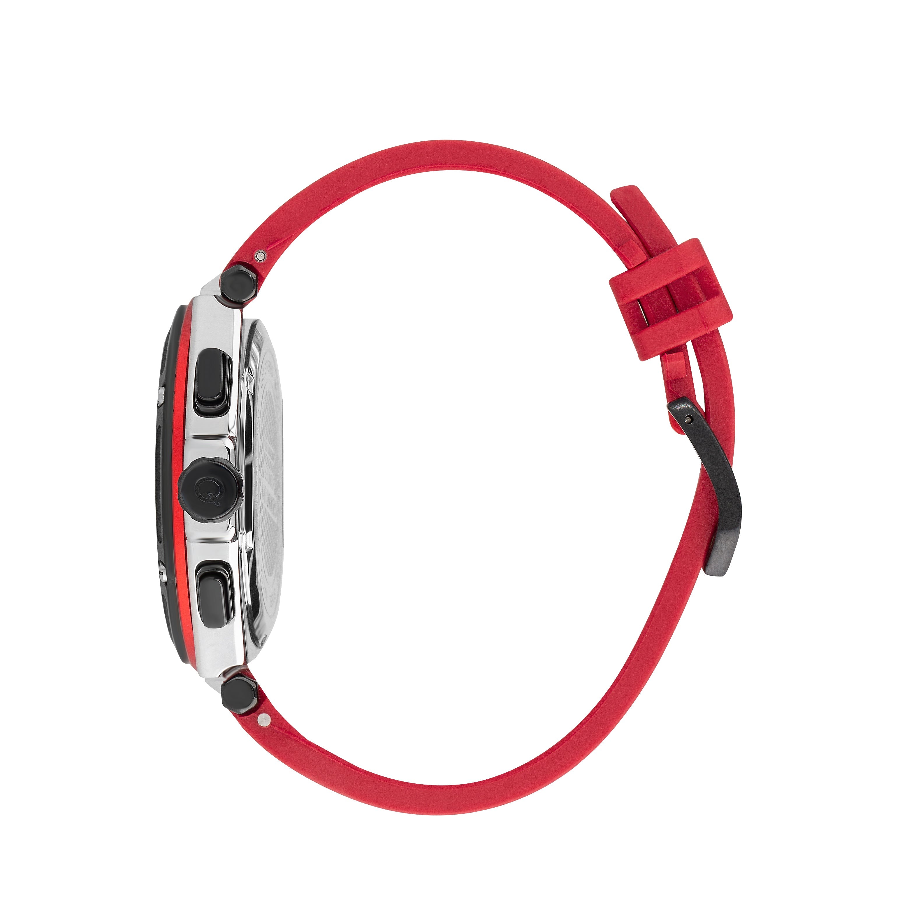 Side view of Quantum Chronograph watch showing red silicone strap and case profile