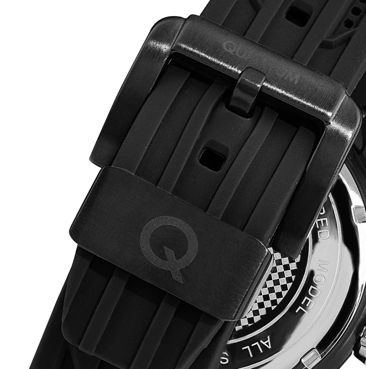 Watch case back detail showing Quantum branding and checkered pattern