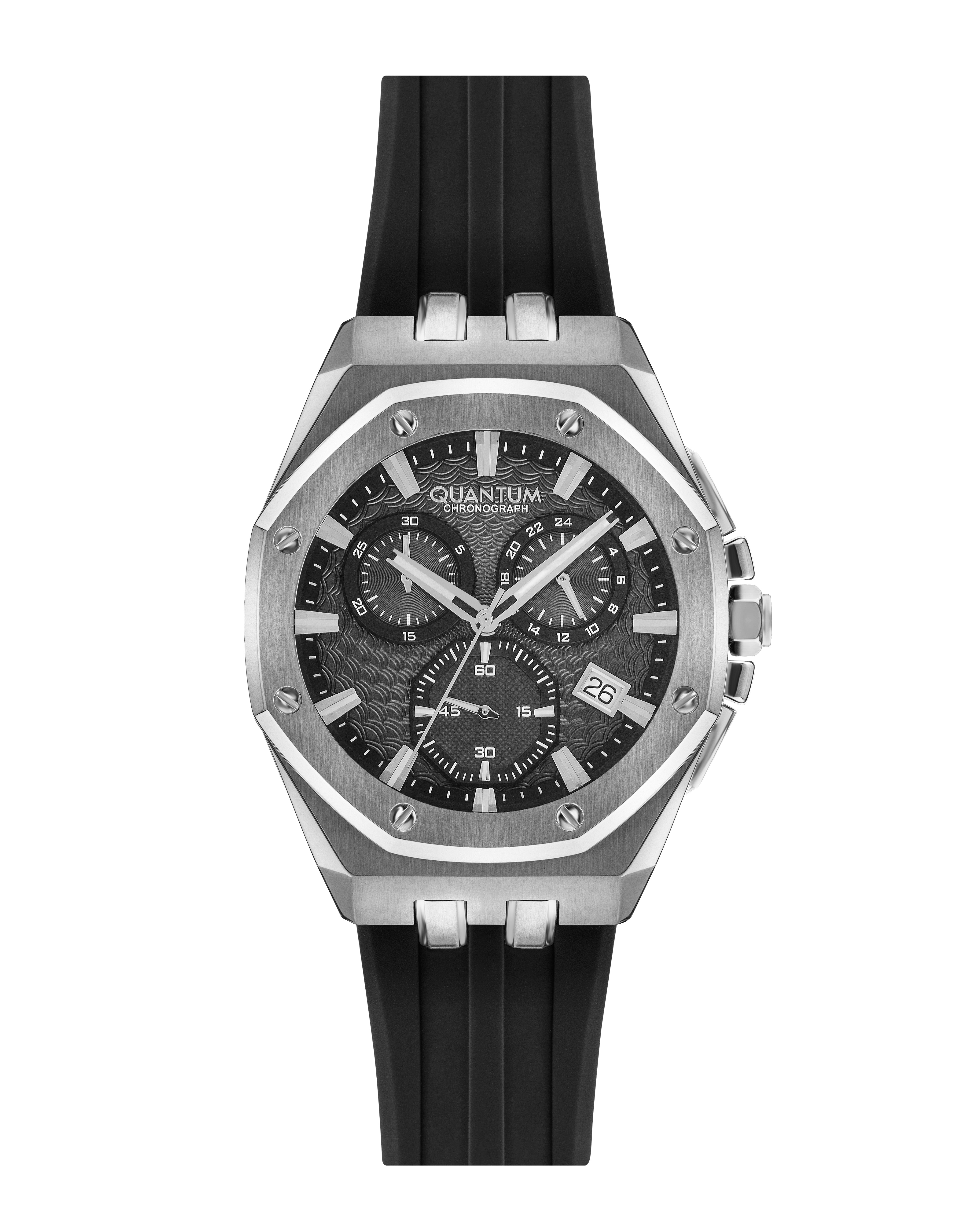 Quantum Multifunction Black Dial Chronograph Watch with Black Silicone Strap