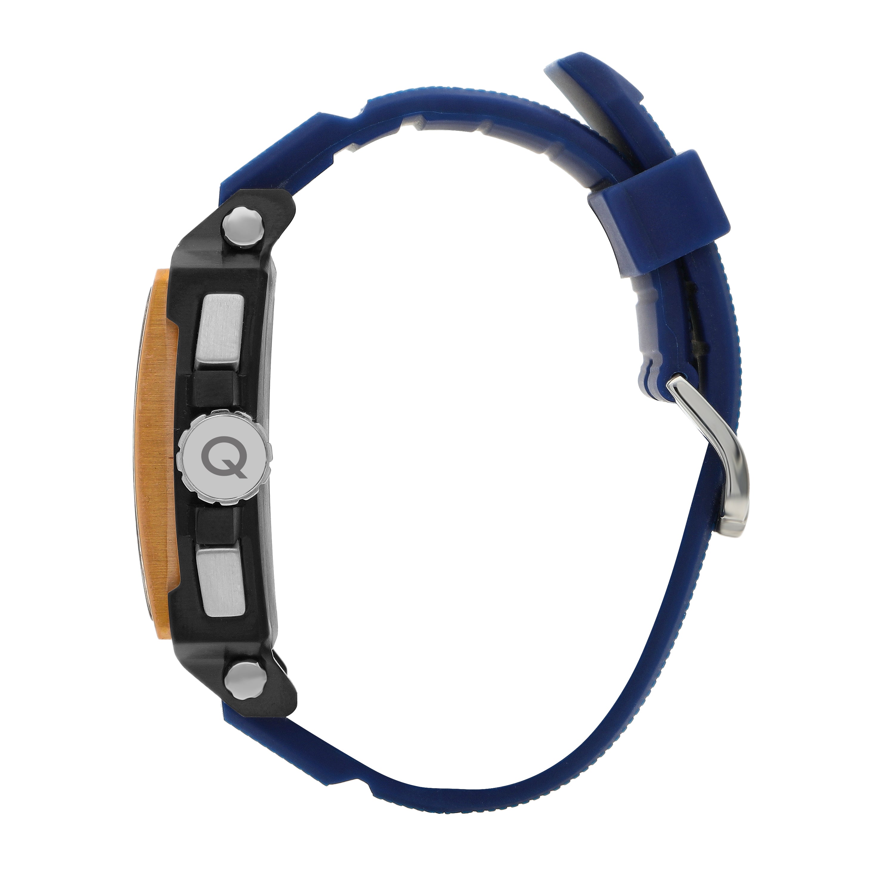 Side view of Quantum HNG969 watch showing rose gold case, black chronograph pushers, blue silicone strap