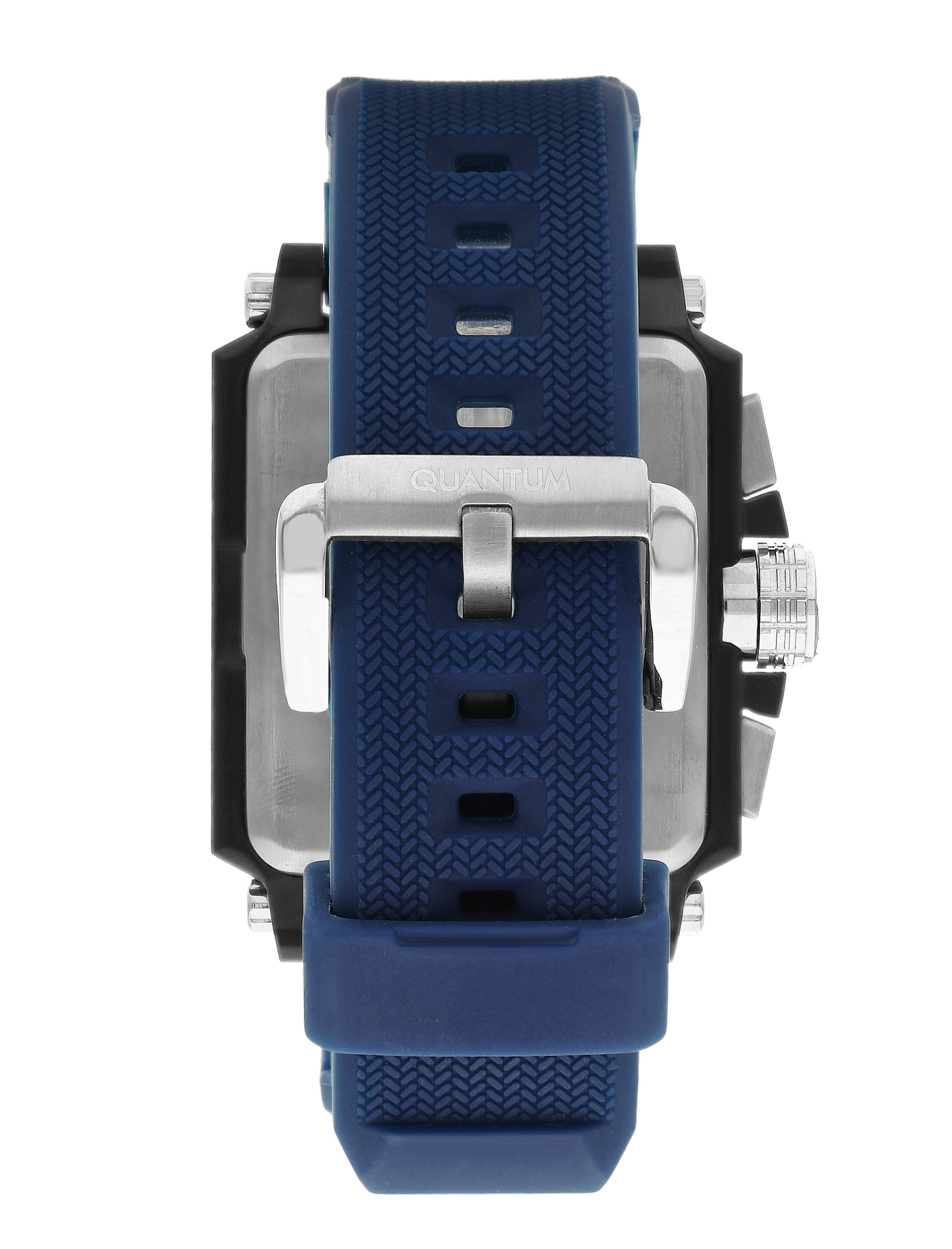 Blue silicone strap with textured finish and metal buckle clasp on Quantum HNG969 watch