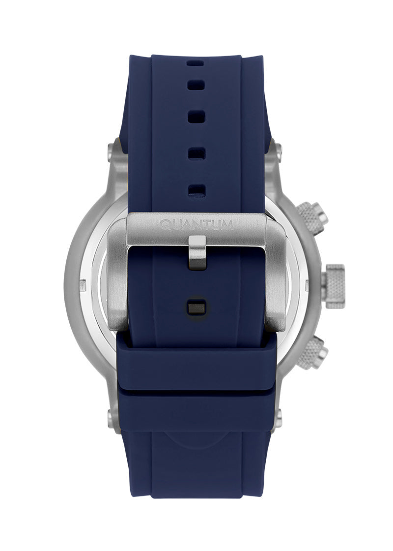 Quantum Hunter watch caseback view with dark blue rubber strap