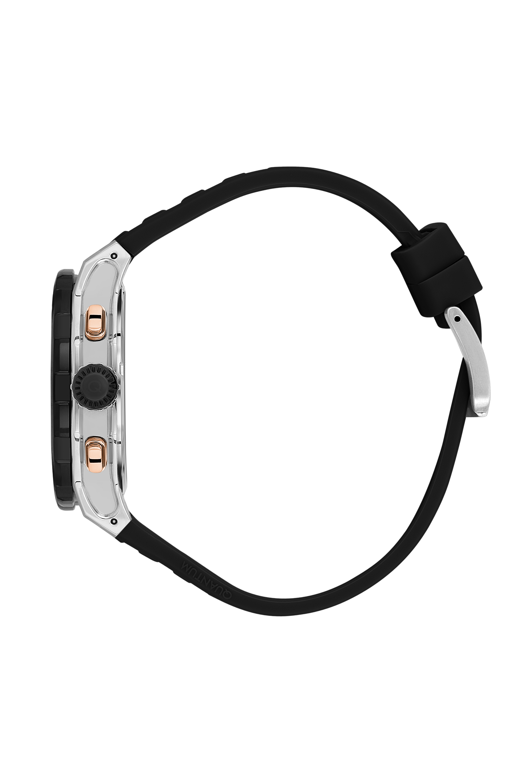 Quantum Hunter chronograph watch side view showing black rubber strap and stainless steel case
