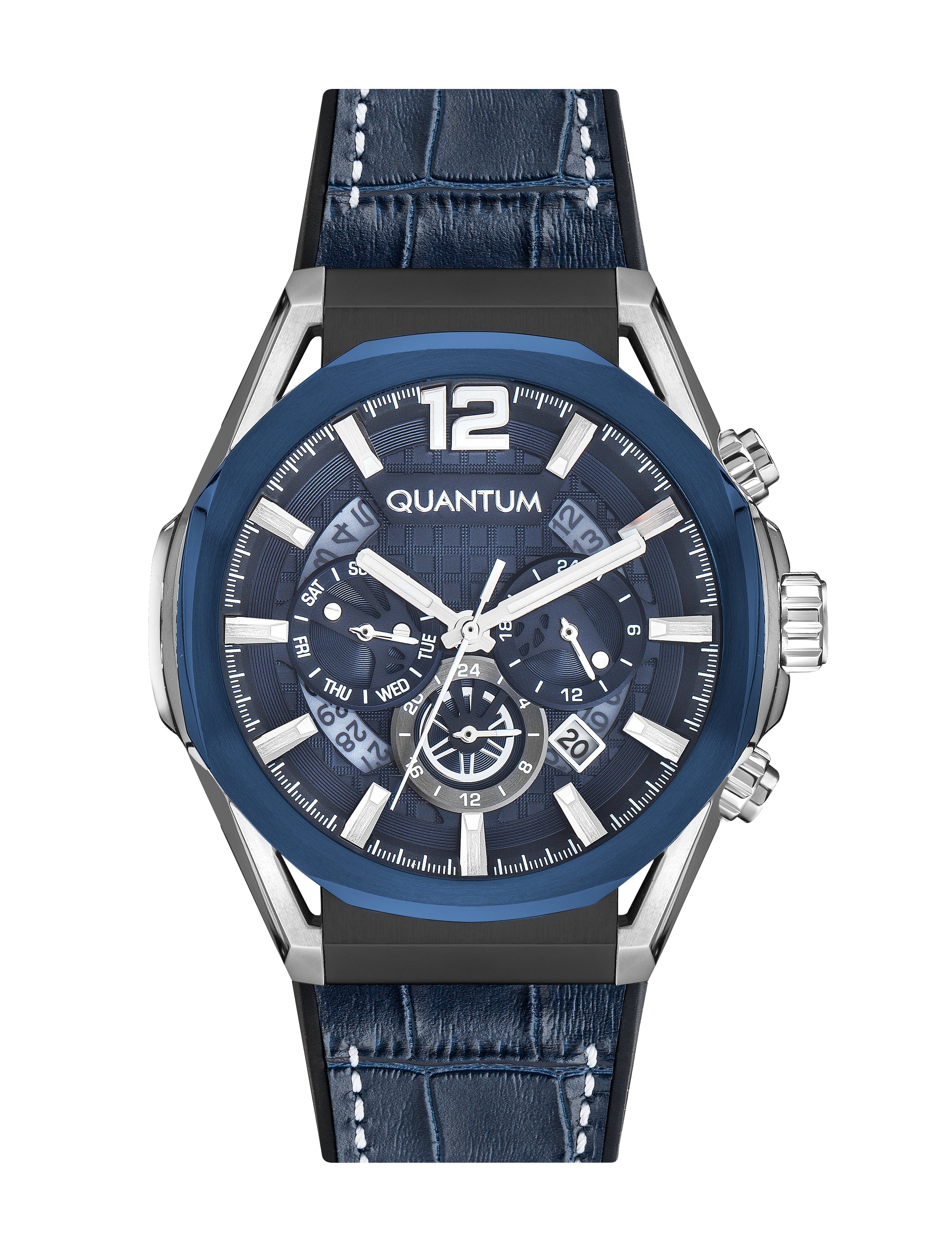 Quantum Powertech blue dial chronograph watch with silver case, blue leather strap, and visible subdials