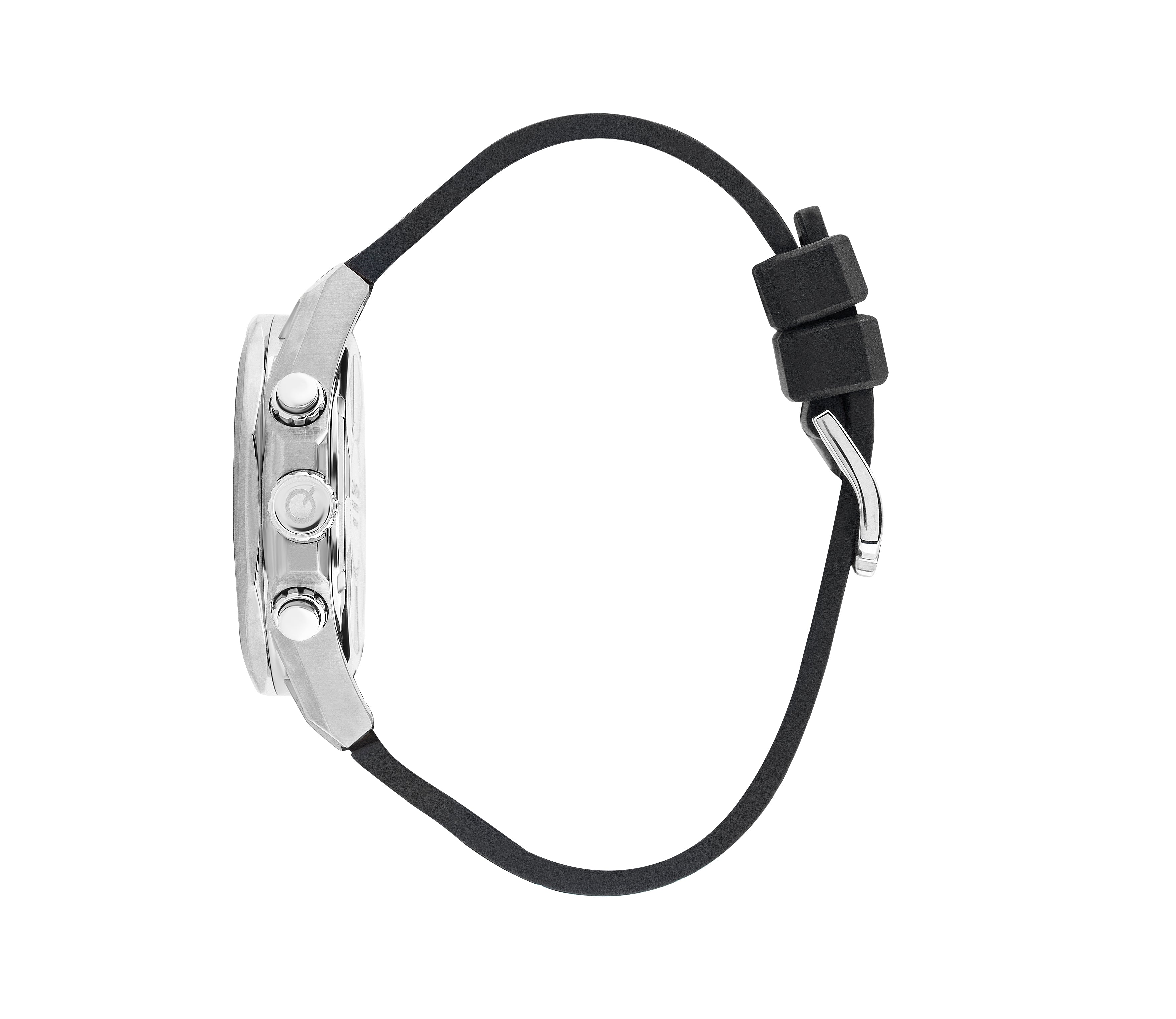 Quantum Powertech chronograph watch side view showing silver case and black leather strap