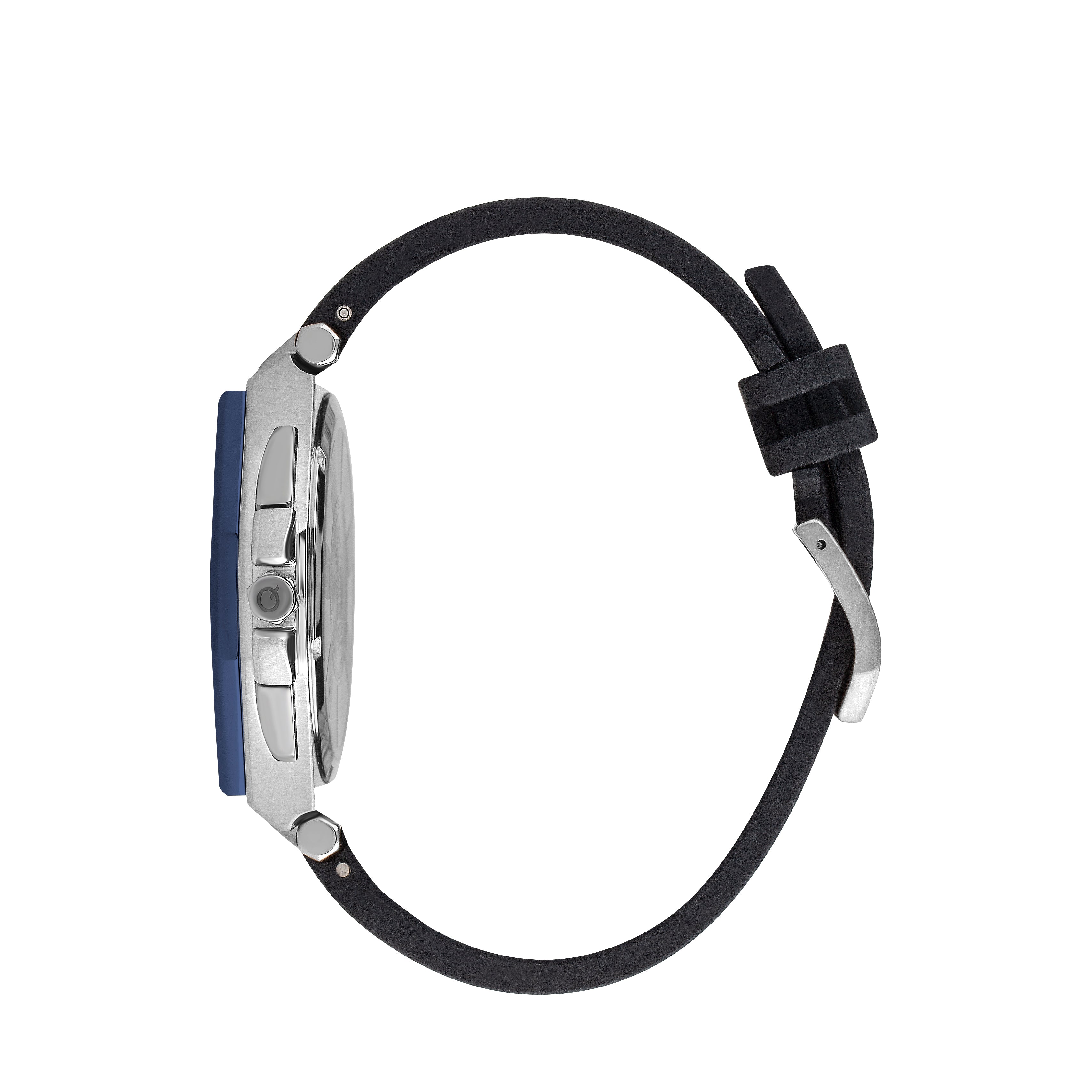 Side view of Quantum chronograph watch showing blue case profile and black silicone strap